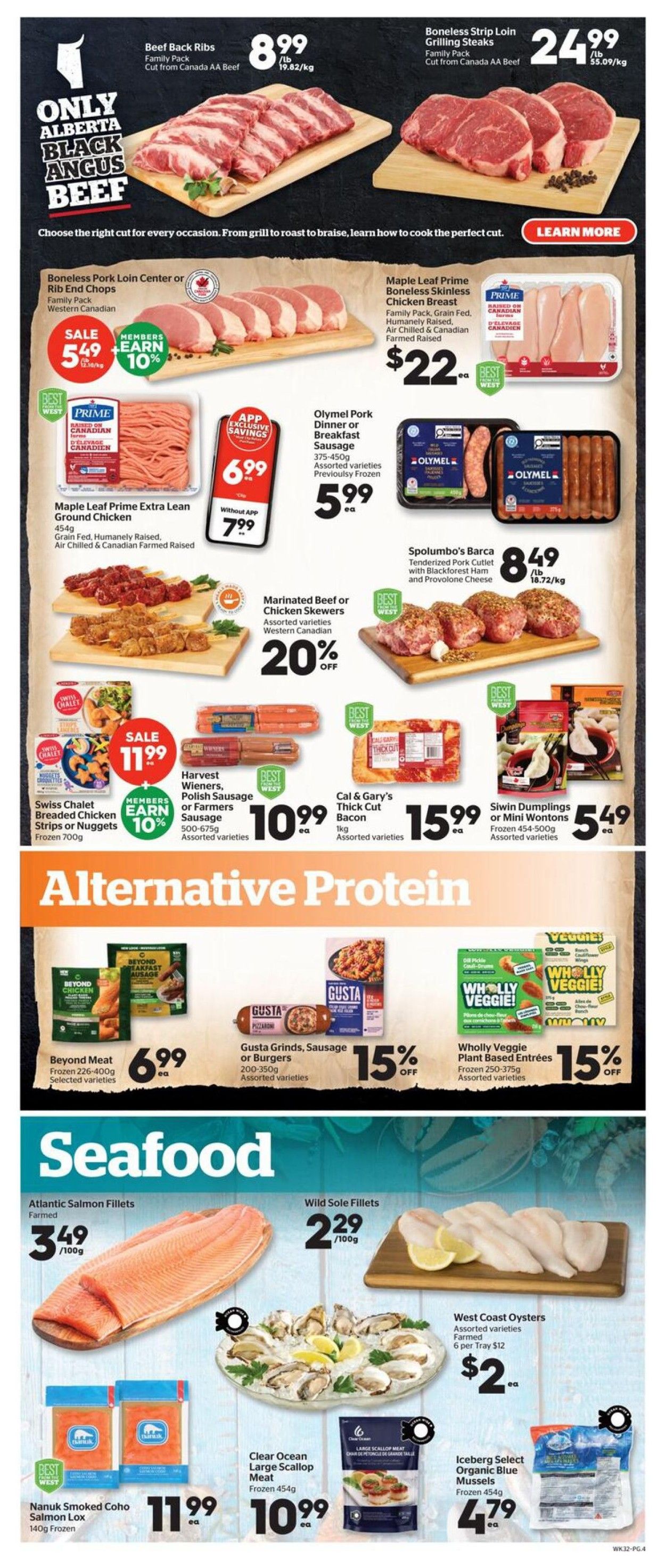 Calgary Co-op Weekly Flyer Specials Page 4. Featuring Alberta Black Angus Beef including Boneless Back Ribs for $8.99/lb and Boneless Strip Loin Grilling Steaks for $24.99/lb. Also available are Boneless Pork Loin Center or Rib End Chops, on sale for $5.49/lb with members earning 10% more. Maple Leaf Prime Boneless Skinless Chicken Breast is $22.99. Maple Leaf Prime Extra Lean Ground Chicken is $6.99 (or $7.99 without app). Olymel Pork Dinner or Breakfast Sausage is $5.99. Spolumbo's Barca Tenderized Pork Cutlet with Blackforest Ham and Provolone Cheese is $8.49/lb. Marinated Beef or Chicken Skewers are 20% off. Swiss Chalet Breaded Chicken Strips or Nuggets are on sale for $11.99. Harvest Wieners or Farmers Polish Sausage is $10.99. Cal & Gary's Thick Cut Bacon is $15.99. Siwin Dumplings or Mini Wontons are $5.49. Alternative Protein section includes Beyond Meat Frozen for $6.99, Gusta Grinds Sausage or Burgers with 15% off, and Wholly Veggie Plant Based Entrees with 15% off. Seafood section features Atlantic Salmon Fillets for $3.49/lb, Wild Sole Fillets for $2.29/lb, West Coast Oysters for $2 each per tray, Nanuk Smoked Coho Salmon Lox for $11.99, Clear Ocean Large Scallop Meat for $10.99, and Iceberg Select Organic Blue Mussels for $4.79.