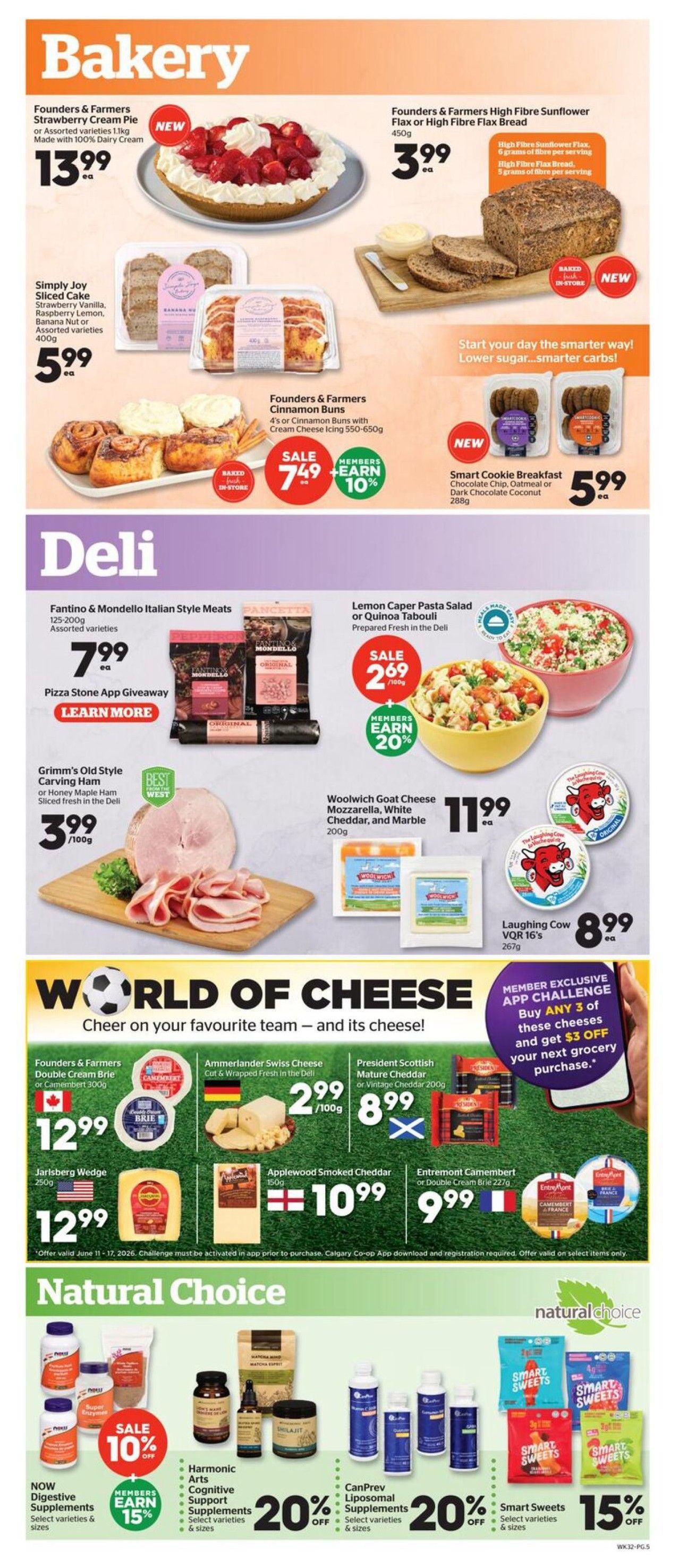 Calgary Co-op Weekly Flyer Specials Page 5. Bakery section features Founders & Farmers Strawberry Cream Pie for $13.99, Simply Joy Sliced Cake in assorted varieties for $5.99, Founders & Farmers Cinnamon Buns for $7.49 with members earning 10% back, and Founders & Farmers High Fibre Sunflower Flax or High Fibre Flax Bread for $3.99. Deli section includes Fantino & Mondello Italian Style Meats for $7.99, Lemon Caper Pasta Salad or Quinoa Tabouli for $2.69 with members earning 20% back, Grimm's Old Style Carving Ham or Honey Maple Ham for $3.99/100g, Woolwich Goat Cheese Mozzarella, White Cheddar, and Marble for $11.99, and Laughing Cow VQR for $8.99. The 'World of Cheese' section highlights Founders & Farmers Double Cream Brie or Camembert for $12.99, Ammerlander Swiss Cheese for $2.99/100g, President Scottish Mature Cheddar or Vintage Cheddar for $8.99, Jarlsberg Wedge for $12.99, Applewood Smoked Cheddar for $10.99, and Entremont Camembert or Double Cream Brie for $9.99. A member exclusive app challenge offers $3 off your next grocery purchase when you buy any 3 of these cheeses. The 'Natural Choice' section displays NOW Digestive Supplements with 10% off sale and members earning 15% back, Harmonic Arts Cognitive Support Supplements with 20% off, CanPrev Liposomal Supplements with 20% off, and Smart Sweets with 15% off.