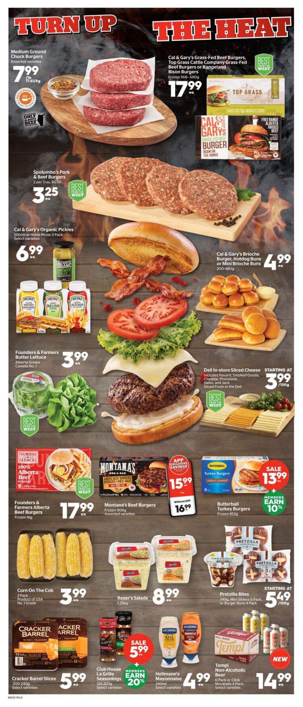 Calgary Co-op weekly flyer specials page 6 features a 'Turn Up The Heat' theme with various burger and BBQ related items. Featured products include Medium Ground Chuck Burgers for $7.99/lb, Cal & Gary's Grass-Fed Beef Burgers, Top Grass Cattle Company Grass-Fed Beef Burgers or Rangeland Bison Burgers for $17.99 each. Spolumbo's Pork & Beef Burgers are $3.25 per tray. Cal & Gary's Organic Pickles are $6.99 each, and Heinz Picnic 3 Pack condiments are also available. Founders & Farmers Butter Lettuce is $3.99 each. Cal & Gary's Brioche Burger, Hotdog Buns or Mini Brioche Buns are $4.99. Deli In-store Sliced Cheese starts at $3.99/100g. Founders & Farmers Alberta Beef Burgers (Frozen 1kg) are $17.99 each. Montana's Beef Burgers (Frozen 906g) are $15.99 with app exclusive savings, or $16.99 without. Butterball Turkey Burgers (Frozen 852g) are on sale for $13.99 and members earn 10%. Corn on the Cob (3 Pack, Product of USA, No. 1 Grade) is $3.99. Reser's Salads (1.25kg) are $8.99. Pretzilla Bites (349g, Mini Sliders 6 Pack or Burger Buns 4 Pack) start at $5.49/100g. Cracker Barrel Slices (200-240g) are $5.99. Club House La Grille Seasonings (120-203g) are on sale for $5.99 and members earn 20% savings. Hellmann's Mayonnaise (340ml) is $4.99. New Templ Non-Alcoholic Beer (6 Pack or Clink Mocktails 4 Pack) is $14.99.