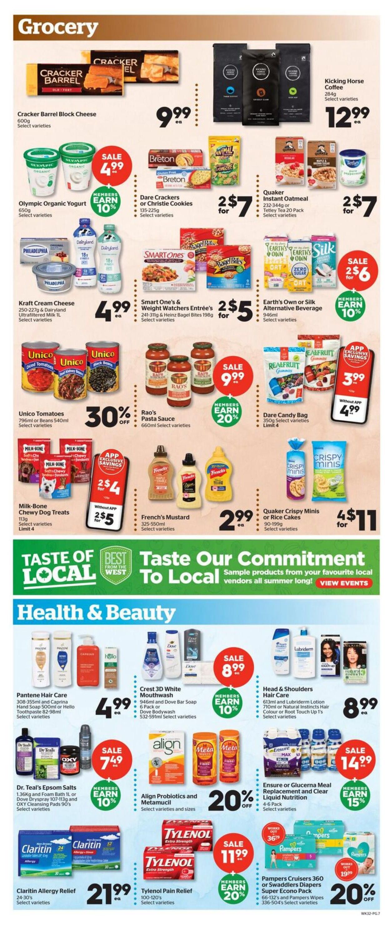 Calgary Co-op Weekly Flyer Specials, Page 7. Grocery section features Cracker Barrel Block Cheese for $9.99, Kicking Horse Coffee for $12.99, Olympic Organic Yogurt for $4.99 with members earning 10% back, Breton or Christie Cookies for 2 for $7, and Quaker Instant Oatmeal or Tetley Tea for 2 for $7. Kraft Cream Cheese and Dairyland Ultrafiltered Milk 1L are $4.99. Smart Ones & Weight Watchers Entrees and Heinz Bagel Bites are 2 for $5. Earth's Own or Silk Alternative Beverage is 2 for $6 with members earning 10% back. Unico Tomatoes are 30% off, Rao's Pasta Sauce is $9.99 with members earning 20% back. Milk-Bone Chewy Dog Treats are 2 for $4 or 2 for $5. French's Mustard is $2.99. Quaker Crispy Minis or Rice Cakes are 4 for $11. Health & Beauty section includes Pantene Hair Care for $4.99, Crest 3D White Mouthwash, 6 Pack or Dove Bodywash for $8.99 with members earning 10% back. Head & Shoulders Hair Care or Lubriderm Lotion is $8.99. Dr. Teal's Epsom Salts and OXY Cleansing Pads are $7.49 with members earning 10% back. Align Probiotics and Metamucil are 20% off. Ensure or Glucerna Meal Replacement and Clear Liquid Nutrition is $14.99 with members earning 15% back. Claritin Allergy Relief is $21.99. Tylenol Pain Relief is $11.99 with members earning 20% back. Pampers Cruisers 360 or Swaddlers Diapers Super Econo Pack are 20% off.