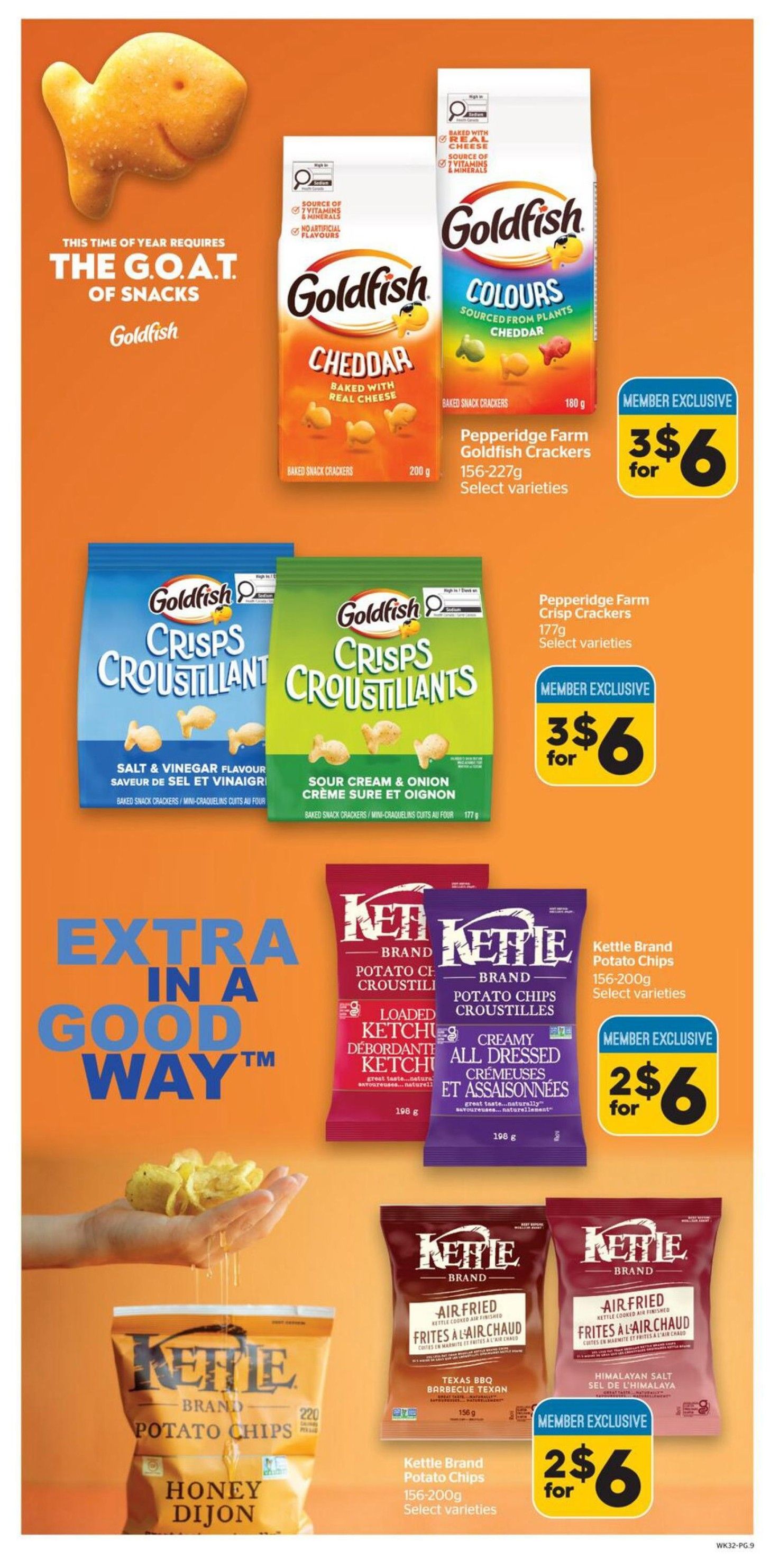 Calgary Co-op flyer page 9 features a variety of snack deals. Member exclusive offers include Pepperidge Farm Goldfish Crackers in Cheddar and Colours varieties, 156-227g, for 3 for $6. Also available are Goldfish Crisps Crackers in Salt & Vinegar and Sour Cream & Onion flavours, 177g, for 3 for $6. Kettle Brand Potato Chips, 156-200g, are featured with 'Extra in a Good Way' messaging. Member exclusive deals on Kettle Brand Potato Chips include Loaded Ketchup and Creamy All Dressed flavours, 198g, for 2 for $6. Additionally, Kettle Brand Air Fried Potato Chips in Texas BBQ and Himalayan Salt flavours, 156g, are on sale for 2 for $6. The Honey Dijon flavour of Kettle Brand Potato Chips, 220g, is also shown.