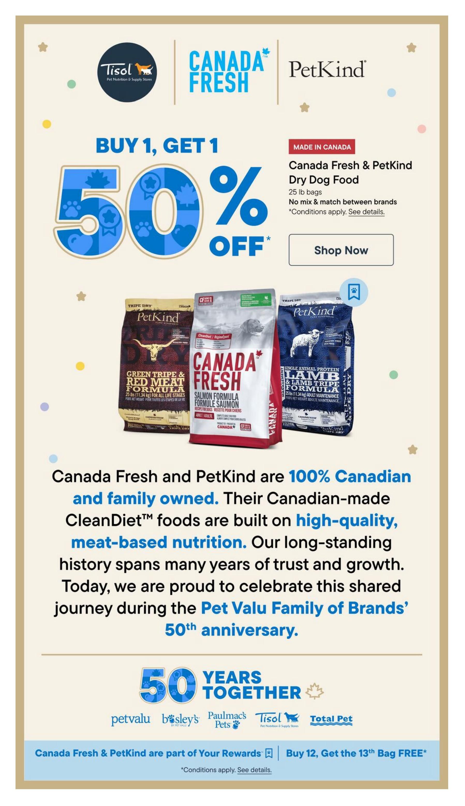 Tisol Pet Nutrition flyer, Page 2. Featuring a Buy 1, Get 1 50% off promotion on Canada Fresh & PetKind Dry Dog Food, available in 25 lb bags. The offer includes PetKind Green Tripe & Red Meat Formula, Canada Fresh Salmon Formula, and PetKind Single Animal Protein Lamb & Lamb Tripe Formula. The page highlights that Canada Fresh and PetKind foods are 100% Canadian and family-owned, built on high-quality, meat-based nutrition. It also mentions the brands are celebrating 50 years together with the Pet Valu Family of Brands. The bottom of the page indicates that Canada Fresh & PetKind are part of Your Rewards and features a Buy 12, Get the 13th Bag FREE offer. Conditions apply to all offers.