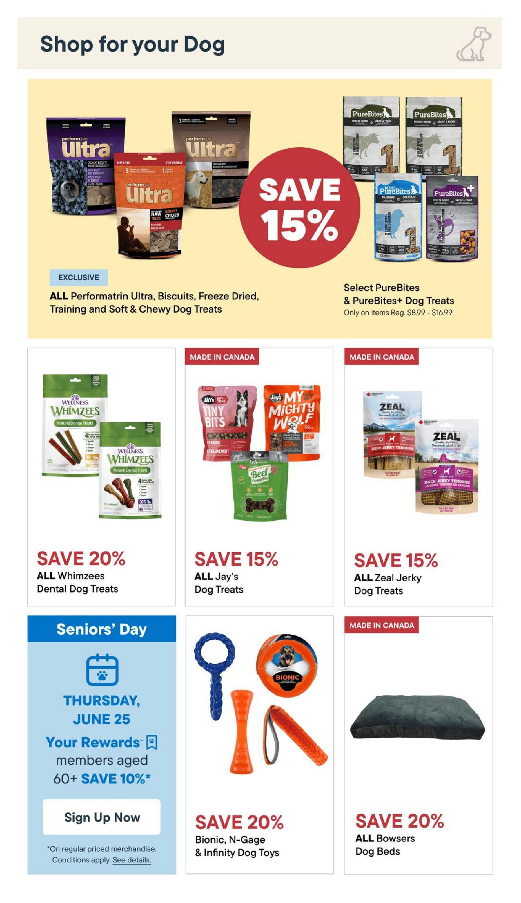 Tisol Pet Nutrition flyer page 5, featuring dog products. Exclusive offer: Save 15% on all Performatrin Ultra Biscuits, Freeze Dried, Training and Soft & Chewy Dog Treats. Select PureBites & PureBites+ Dog Treats are on sale, with regular prices ranging from $8.99 to $16.99. Save 20% on all Whimzees Dental Dog Treats. Save 15% on all Jay's Dog Treats, including Tiny Bits and Mighty Wolf. Save 15% on all Zeal Jerky Dog Treats, such as Beef and Duck Jerky Tenders. Special Seniors' Day promotion on Thursday, June 25: Rewards members aged 60+ save 10% on regular priced merchandise. Save 20% on Bionic, N-Gage & Infinity Dog Toys. Save 20% on all Bowsers Dog Beds.