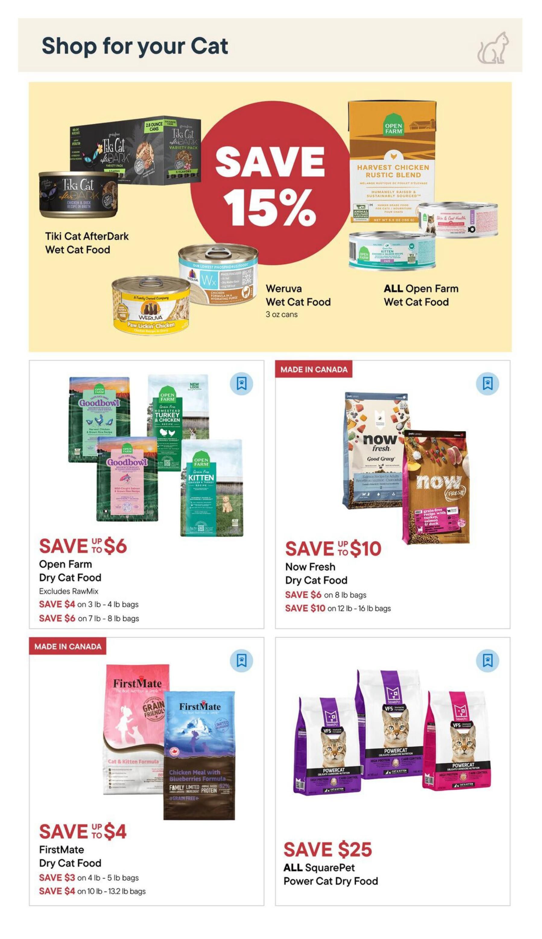 Tisol Pet Nutrition flyer specials page 8, featuring cat food deals. Save 15% on select Tiki Cat AfterDark Wet Cat Food, Weruva Wet Cat Food (3 oz cans), and Open Farm Wet Cat Food. Also, save up to $6 on Open Farm Dry Cat Food (excludes RawMix), with savings of $4 on 3 lb - 4 lb bags and $6 on 7 lb - 8 lb bags. Save up to $10 on Now Fresh Dry Cat Food, with $6 savings on 8 lb bags and $10 savings on 12 lb - 16 lb bags. Additionally, save up to $4 on FirstMate Dry Cat Food, with $3 savings on 4 lb - 5 lb bags and $4 savings on 10 lb - 13.2 lb bags. Finally, save $25 on ALL SquarePet Power Cat Dry Food.