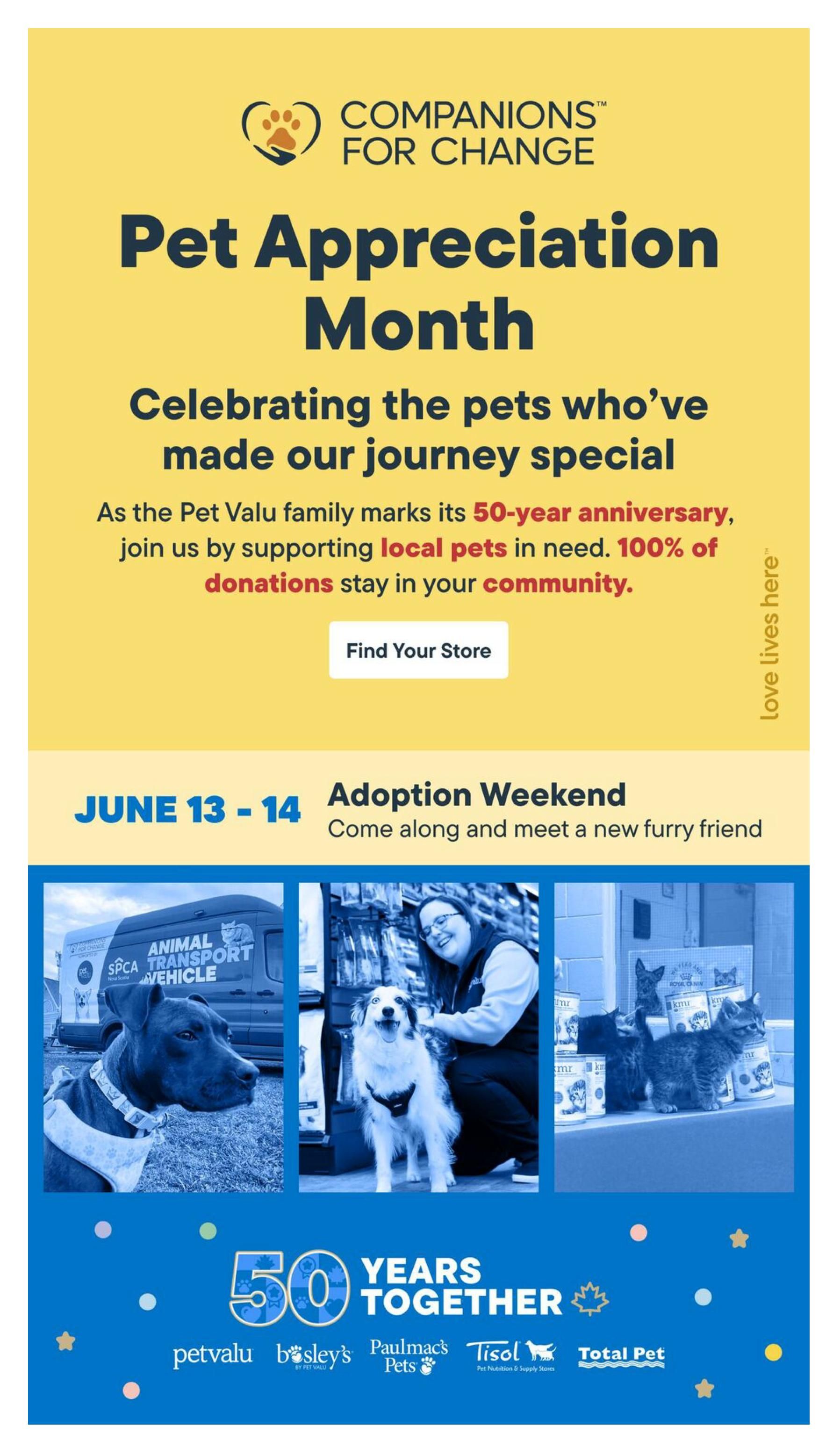Tisol Pet Nutrition flyer page celebrating Pet Appreciation Month and the company's 50-year anniversary. Features 'Companions for Change' initiative supporting local pets in need with 100% of donations staying in the community. Includes a button to 'Find Your Store'. Highlights an 'Adoption Weekend' on June 13-14, inviting people to meet a new furry friend. The page displays images of a dog in an SPCA animal transport vehicle, a woman with a dog, and kittens with pet food cans. The bottom section commemorates '50 Years Together' with logos of Pet Valu, Bosley's, Paulmac's Pets, Tisol Pet Nutrition, and Total Pet.
