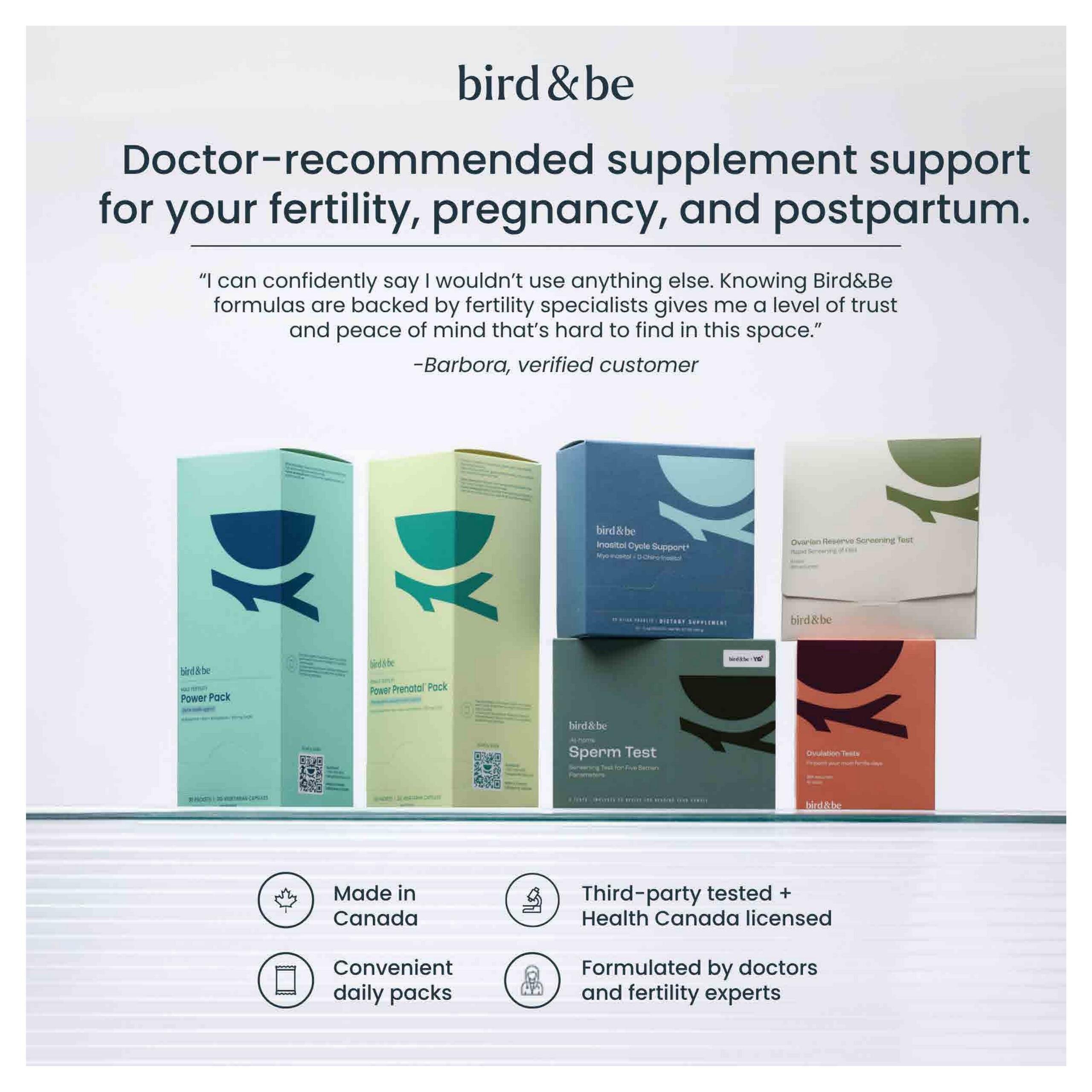 Goodness Me! flyer page 11 features Bird & Be doctor-recommended supplement support for fertility, pregnancy, and postpartum. Products shown include Bird & Be Power Pack, Bird & Be Power Prenatal Pack, Bird & Be Inositol Cycle Support, Bird & Be Sperm Test, Bird & Be Ovarian Reserve Screening Test, and Bird & Be Ovulation Tests. The page highlights that Bird & Be products are made in Canada, come in convenient daily packs, are third-party tested and Health Canada licensed, and are formulated by doctors and fertility experts. A verified customer, Barbora, shares a testimonial about trusting Bird & Be formulas.