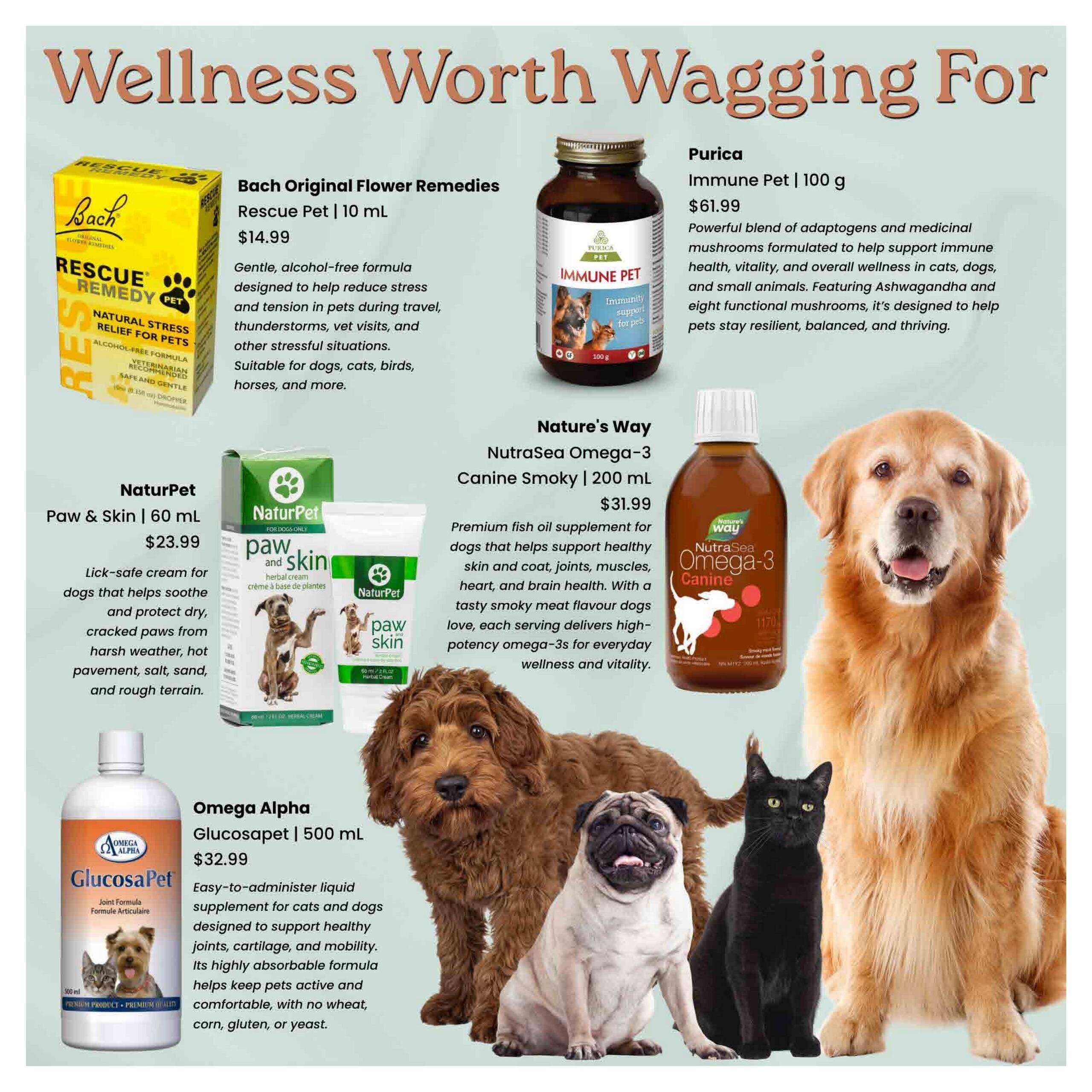 Goodness Me! flyer page 12, featuring pet wellness products. Includes Bach Original Flower Remedies Rescue Pet 10 mL for $14.99, a stress relief formula for various animals. Purica Immune Pet 100 g is available for $61.99, offering a blend of adaptogens and mushrooms for immune support. NaturPet Paw & Skin 60 mL cream is priced at $23.99, designed to soothe and protect dry, cracked paws. Nature's Way NutraSea Omega-3 Canine Smoky 200 mL fish oil supplement costs $31.99, supporting skin, coat, joints, heart, and brain health. Omega Alpha Glucosapet 500 mL liquid supplement is $32.99, formulated to support joint health and mobility in cats and dogs, free from wheat, corn, gluten, and yeast. The page includes images of dogs, a cat, and product packaging.