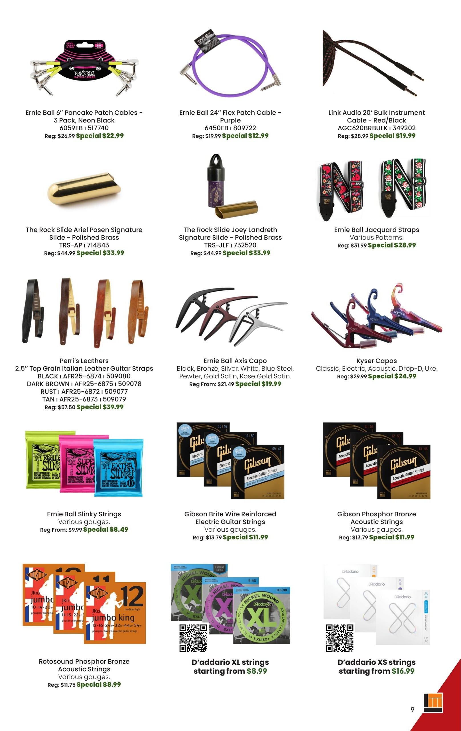 Long & McQuade Monster Days flyer specials, page 9. Featured products include Ernie Ball 6' Pancake Patch Cables - 3 Pack, Neon Black for $22.99 (regular $26.99), Ernie Ball 24' Flex Patch Cable - Purple for $12.99 (regular $19.99), and Link Audio 20' Bulk Instrument Cable - Red/Black for $19.99 (regular $28.99). Also available are The Rock Slide Ariel Posen Signature Slide - Polished Brass for $33.99 (regular $44.99), The Rock Slide Joey Landreth Signature Slide - Polished Brass for $33.99 (regular $44.99), and Ernie Ball Jacquard Straps in various patterns for $28.99 (regular $31.99). Perri's Leathers 2.5' Top Grain Italian Leather Guitar Straps in Black, Dark Brown, Rust, and Tan are on special for $39.99 (regular $57.50). Ernie Ball Axis Capos in Black, Bronze, Silver, White, Blue Steel, Pewter, Gold Satin, and Rose Gold Satin are available starting from $19.99 (regular from $21.49). Kyser Capos for Classic, Electric, Acoustic, Drop-D, and Ukulele are $24.99 (regular $29.99). Guitar strings on sale include Ernie Ball Slinky Strings starting from $8.49 (regular from $9.99), Gibson Brite Wire Reinforced Electric Guitar Strings for $11.99 (regular $13.79), Gibson Phosphor Bronze Acoustic Strings for $11.99 (regular $13.79), Rotosound Phosphor Bronze Acoustic Strings starting from $8.99 (regular $11.75), D'addario XL strings starting from $8.99, and D'addario XS strings starting from $16.99.