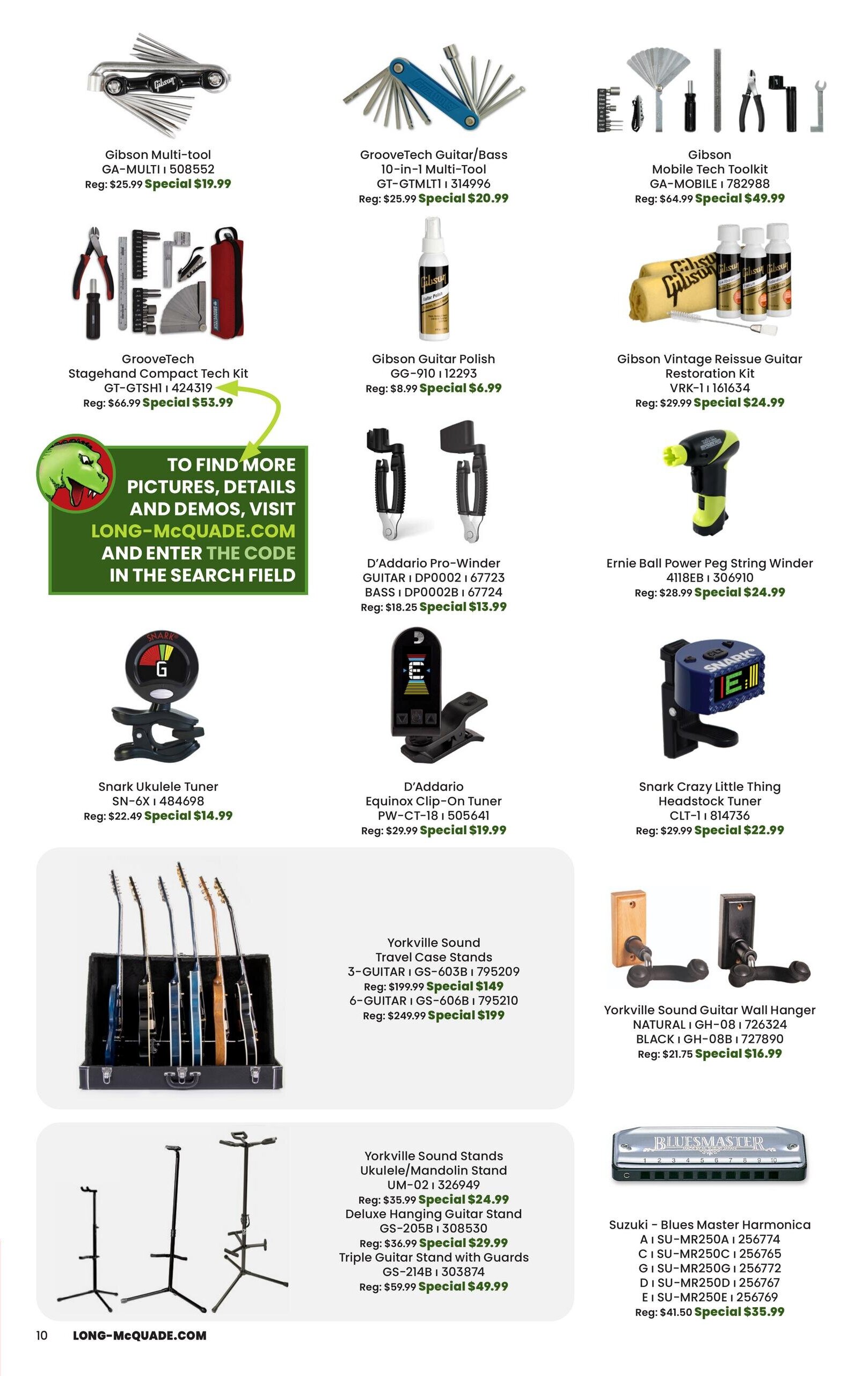 Page 10 of the Long & McQuade flyer showcases a variety of musical instrument accessories and stands. Featured items include the Gibson Multi-tool GA-MULTI for $19.99 (regular $25.99), GrooveTech Guitar/Bass 10-in-1 Multi-Tool GT-GTM LTI for $20.99 (regular $25.99), and Gibson Mobile Tech Toolkit GA-MOBILE I 782988 for $49.99 (regular $64.99). Also available are the GrooveTech Stagehand Compact Tech Kit GT-GTSHI for $53.99 (regular $66.99), Gibson Guitar Polish GG-910 for $6.99 (regular $8.99), and Gibson Vintage Reissue Guitar Restoration Kit VRK-11161634 for $24.99 (regular $29.99). Tuners on sale include the D'Addario Pro-Winder GUITAR I DP0002 I 67723 and BASS I DP0002B I 67724 for $13.99 (regular $18.25), D'Addario Equinox Clip-On Tuner PW-CT-18 I 505641 for $19.99 (regular $29.99), Snark Ukulele Tuner SN-6X I 484698 for $14.99 (regular $22.49), and Snark Crazy Little Thing Headstock Tuner CLT-1 I 814736 for $22.99 (regular $29.99). The page also highlights Yorkville Sound products: Travel Case Stands for 3-GUITAR GS-603B for $149 (regular $199.99) and 6-GUITAR GS-606B for $199 (regular $249.99), Guitar Wall Hanger NATURAL I GH-08 and BLACK I GH-08B for $16.99 (regular $21.75), Ukulele/Mandolin Stand UM-02 I 326949 for $24.99 (regular $35.99), Deluxe Hanging Guitar Stand GS-205B for $29.99 (regular $36.99), and Triple Guitar Stand with Guards GS-214B for $49.99 (regular $59.99). Finally, the Suzuki Blues Master Harmonica is available in various keys (A, C, G, D, E) for $35.99 (regular $41.50). A call to action encourages visiting LONG-MCQUADE.COM for more details.