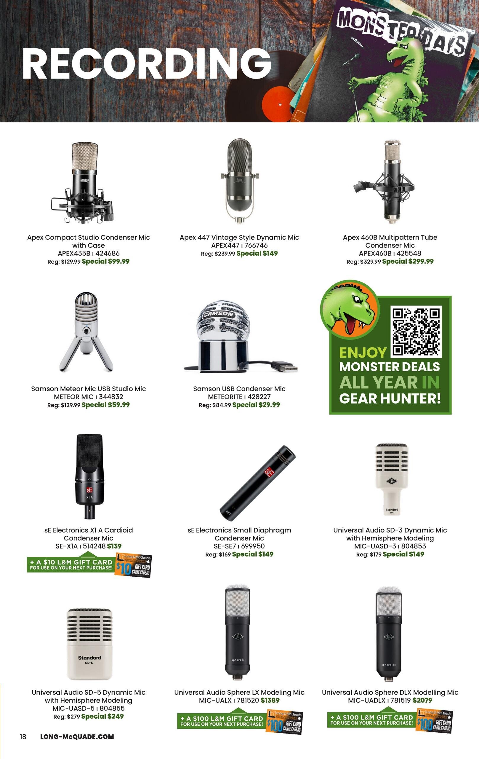 Long & McQuade flyer page 18 featuring recording equipment. Products include Apex Compact Studio Condenser Mic with Case, originally $129.99, now $99.99; Apex 447 Vintage Style Dynamic Mic, originally $239.99, now $149; and Apex 460B Multipatttern Tube Condenser Mic, originally $329.99, now $299.99. Also available are Samson Meteor Mic USB Studio Mic for $59.99 (regular $129.99) and Samson USB Condenser Mic Meteorite for $29.99 (regular $84.99). Microphones from sE Electronics include the X1 A Cardioid Condenser Mic for $139 and the Small Diaphragm Condenser Mic SE-7 for $149 (regular $169). Universal Audio microphones featured are the SD-3 Dynamic Mic with Hemisphere Modeling for $149 (regular $179), Sphere LX Modeling Mic MIC-UALX for $1389 with a $100 gift card offer, and Sphere DLX Modelling Mic MIC-UADLX for $2079 with a $100 gift card offer. The page also highlights 'Monster Deals All Year in Gear Hunter!' with a dinosaur graphic.