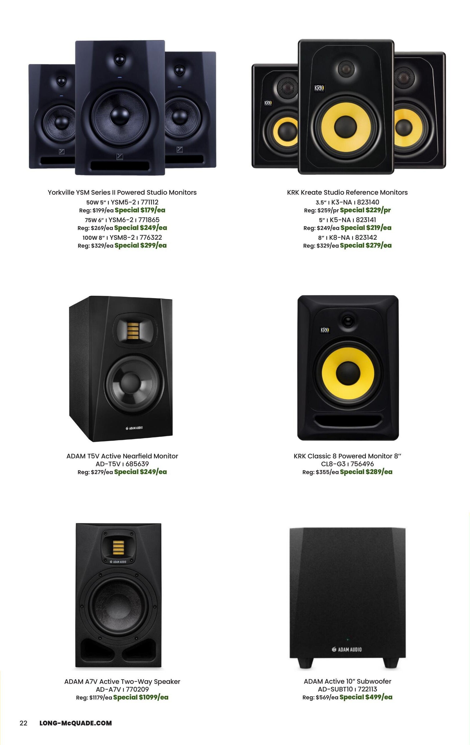 Page 22 of the Long & McQuade flyer featuring studio monitors and speakers. Includes Yorkville YSM Series II Powered Studio Monitors in 5', 6', and 8' sizes, with special prices starting at $179/ea. Also features KRK Kreate Studio Reference Monitors in 3.5', 5', and 8' sizes, with special prices starting at $229/pr. The ADAM T5V Active Nearfield Monitor is on special for $249/ea, and the KRK Classic 8 Powered Monitor 8' is on special for $289/ea. Additionally, the ADAM A7V Active Two-Way Speaker is available for a special price of $1099/ea, and the ADAM Active 10' Subwoofer is on special for $499/ea.