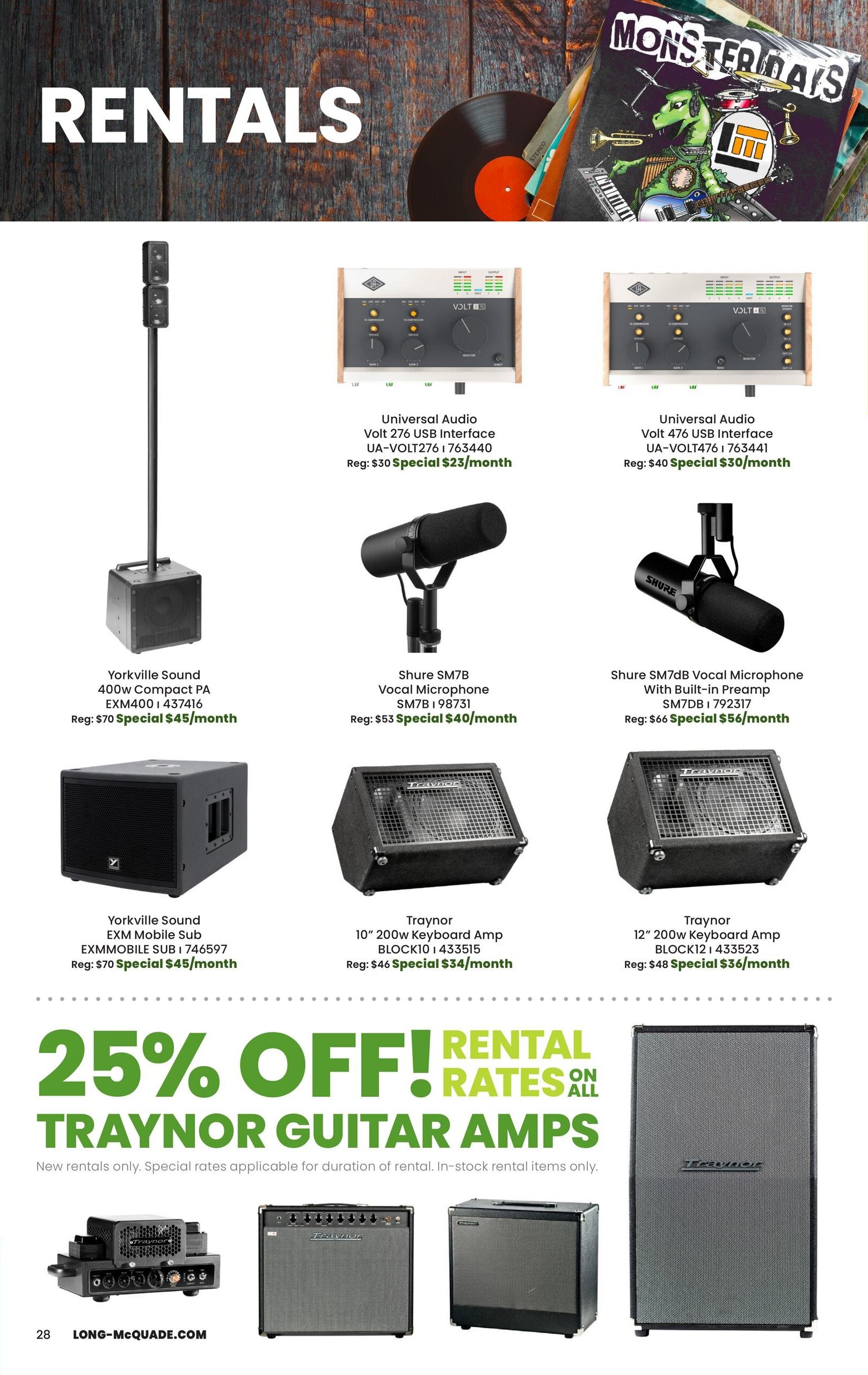 Long & McQuade Rentals flyer page 28 featuring a selection of audio equipment for rent. Featured items include the Universal Audio Volt 276 USB Interface, regularly $30, special $23/month, and the Universal Audio Volt 476 USB Interface, regularly $40, special $30/month. Also available for rent is the Yorkville Sound 400w Compact PA EXM400, regularly $70, special $45/month, and the Yorkville Sound EXM Mobile Sub EXMMOBILE SUB, regularly $70, special $45/month. Microphones for rent include the Shure SM7B Vocal Microphone, regularly $53, special $40/month, and the Shure SM7dB Vocal Microphone With Built-in Preamp, regularly $66, special $56/month. Keyboard amplifiers available for rent are the Traynor 10' 200w Keyboard Amp BLOCK10, regularly $46, special $34/month, and the Traynor 12' 200w Keyboard Amp BLOCK12, regularly $48, special $36/month. The page also highlights a '25% OFF RENTAL RATES ON TRAYNOR GUITAR AMPS' promotion for new rentals, with special rates applicable for the duration of the rental on in-stock items only. Additional Traynor guitar amps and cabinets are shown at the bottom of the page.