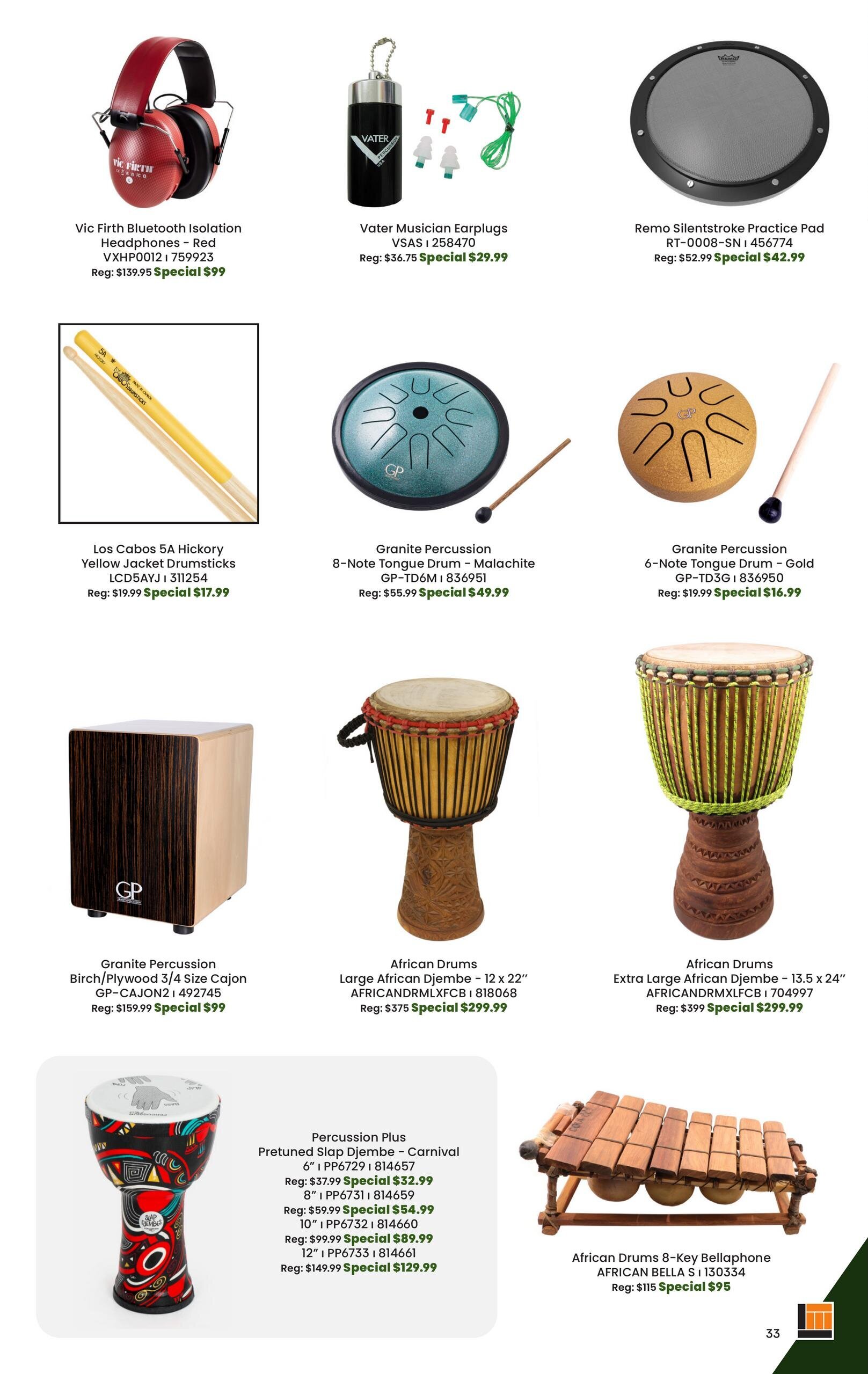 Page 33 of the Long & McQuade flyer specials featuring various musical instruments. Top row includes Vic Firth Bluetooth Isolation Headphones in red for $99 (regular $139.95), Vater Musician Earplugs for $29.99 (regular $36.75), and a Remo Silentstroke Practice Pad for $42.99 (regular $52.99). Middle row showcases Los Cabos 5A Hickory Yellow Jacket Drumsticks for $17.99 (regular $19.99), a Granite Percussion 8-Note Malachite Tongue Drum for $49.99 (regular $55.99), and a Granite Percussion 6-Note Gold Tongue Drum for $16.99 (regular $19.99). Bottom row features a Granite Percussion Birch/Plywood Cajon for $99 (regular $159.99), an African Drums Large Djembe (12 x 22') for $299.99 (regular $375), an African Drums Extra Large Djembe (13.5 x 24') for $299.99 (regular $399). Also shown is a Percussion Plus Pretuned Slap Djembe - Carnival in various sizes with special prices ranging from $32.99 to $129.99. Finally, an African Drums 8-Key Bellaphone is available for $95 (regular $115).
