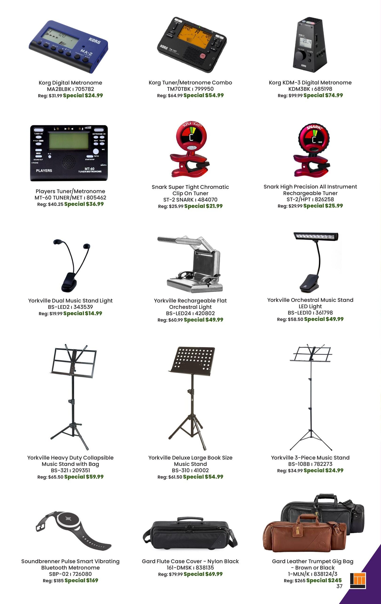 Long & McQuade flyer specials page 37 featuring various musical accessories. Products include Korg Digital Metronome MA2BLBK for $24.99 (regular $31.99), Korg Tuner/Metronome Combo TM70TBK for $54.99 (regular $64.99), Korg KDM-3 Digital Metronome KDM3BK for $74.99 (regular $99.99), Players Tuner/Metronome MT-60 TUNER/MET for $36.99 (regular $40.25), Snark Super Tight Chromatic Clip On Tuner ST-2 SNARK for $21.99 (regular $25.99), and Snark High Precision All Instrument Rechargeable Tuner ST-2/HPT for $25.99 (regular $29.99). Also featured are Yorkville Dual Music Stand Light BS-LED2 for $14.99 (regular $19.99), Yorkville Rechargeable Flat Orchestral Light BS-LED24 for $49.99 (regular $60.99), and Yorkville Orchestral Music Stand LED Light BS-LED10 for $49.99 (regular $58.50). Music stands on sale include Yorkville Heavy Duty Collapsible Music Stand with Bag BS-321 for $59.99 (regular $65.50), Yorkville Deluxe Large Book Size Music Stand BS-310 for $54.99 (regular $61.50), and Yorkville 3-Piece Music Stand BS-108B for $24.99 (regular $34.99). Additional items are Soundbrenner Pulse Smart Vibrating Bluetooth Metronome SBP-021 for $169 (regular $185), Gard Flute Case Cover - Nylon Black 161-DMSK for $69.99 (regular $79.99), and Gard Leather Trumpet Gig Bag - Brown or Black 1-MLN/K1 for $245 (regular $265).