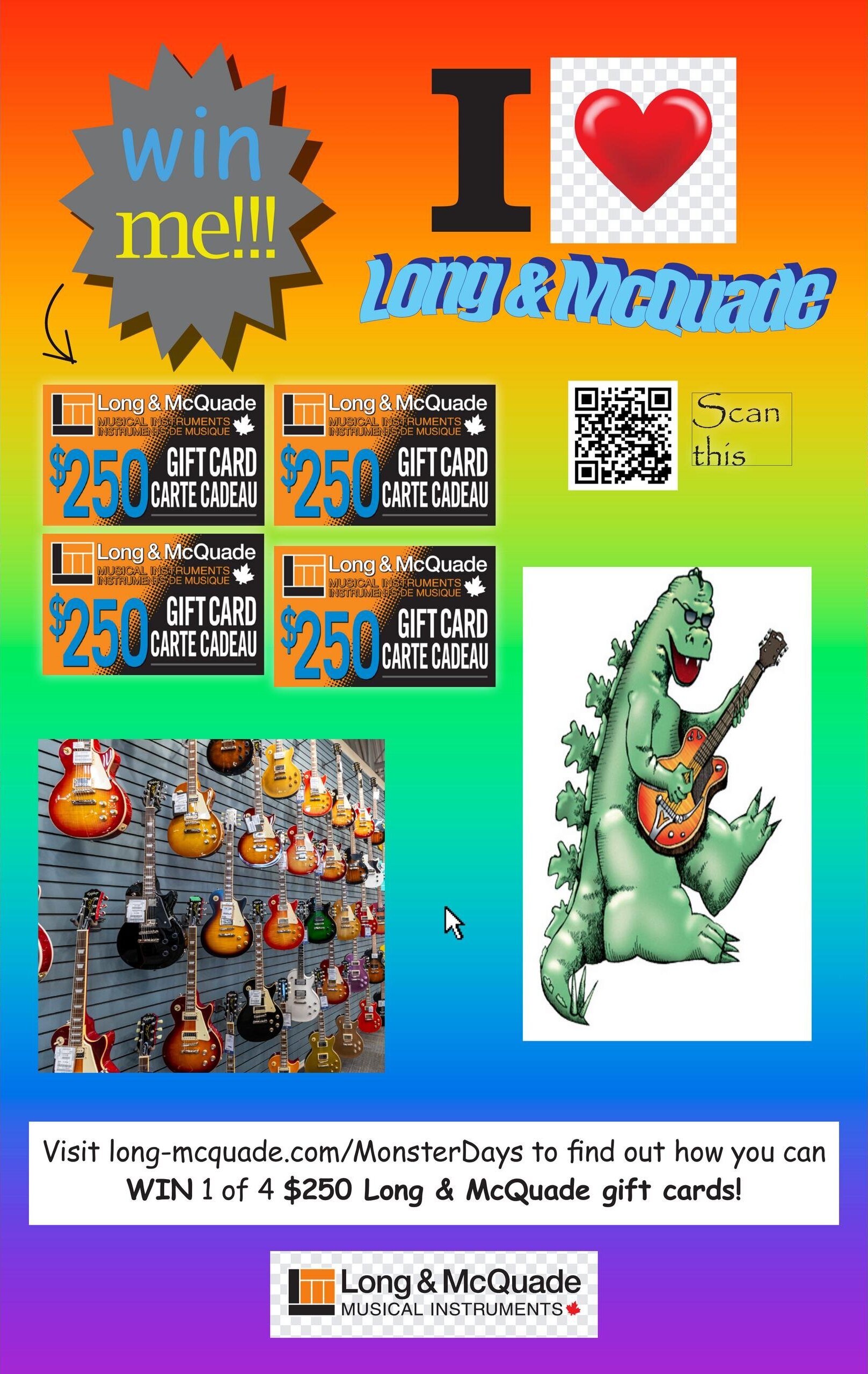 Long & McQuade 'Monster Days' flyer, page 39. Features a 'Win me!!!' graphic and 'I Love Long & McQuade' text. Four opportunities to win a $250 Long & McQuade gift card are highlighted. A QR code is present with the text 'Scan this'. The page also displays a wall of various electric guitars for sale and an illustration of a green monster playing a guitar. A banner at the bottom invites visitors to long-mcquade.com/MonsterDays to find out how to win one of four $250 Long & McQuade gift cards.