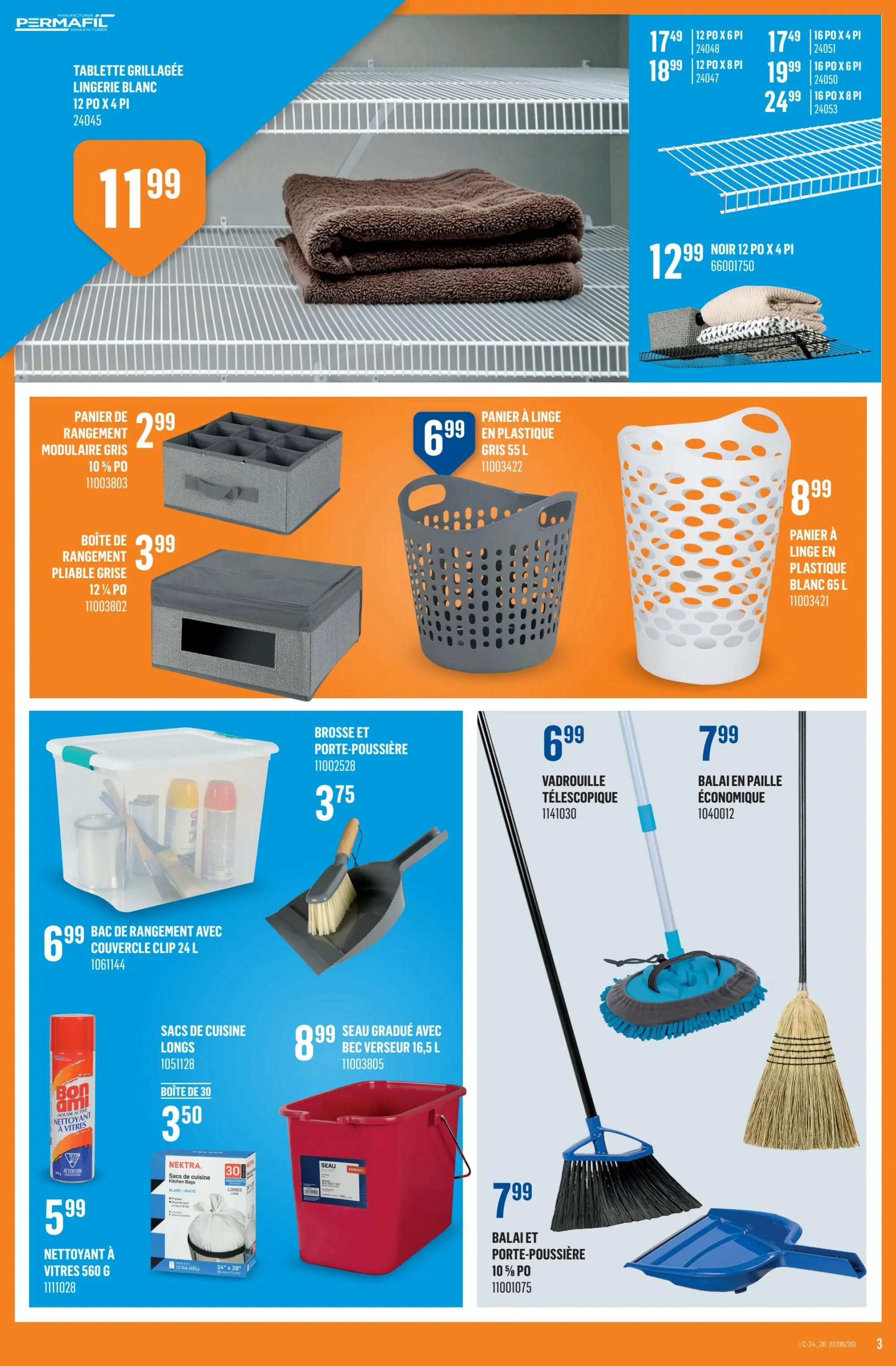 Canac weekly flyer specials page 3 features a white wire shelving unit for $11.99, with folded brown towels. Also shown are various storage and cleaning solutions including a grey modular storage bin for $2.99, a grey foldable storage box for $3.99, a white 55 L plastic laundry basket for $8.99, and a 24 L clear storage bin with clip closure for $6.99. Cleaning supplies include Bon Ami glass cleaner for $5.99, 30-pack kitchen bags for $3.50, a brush and dustpan set for $3.75, a 16.5 L graduated bucket with spout for $8.99, a telescopic mop for $6.99, and a broom and dustpan set for $7.99. Additional wire shelving units are displayed with prices ranging from $17.49 to $24.99, and a 12' x 4' black shelving unit for $12.99.