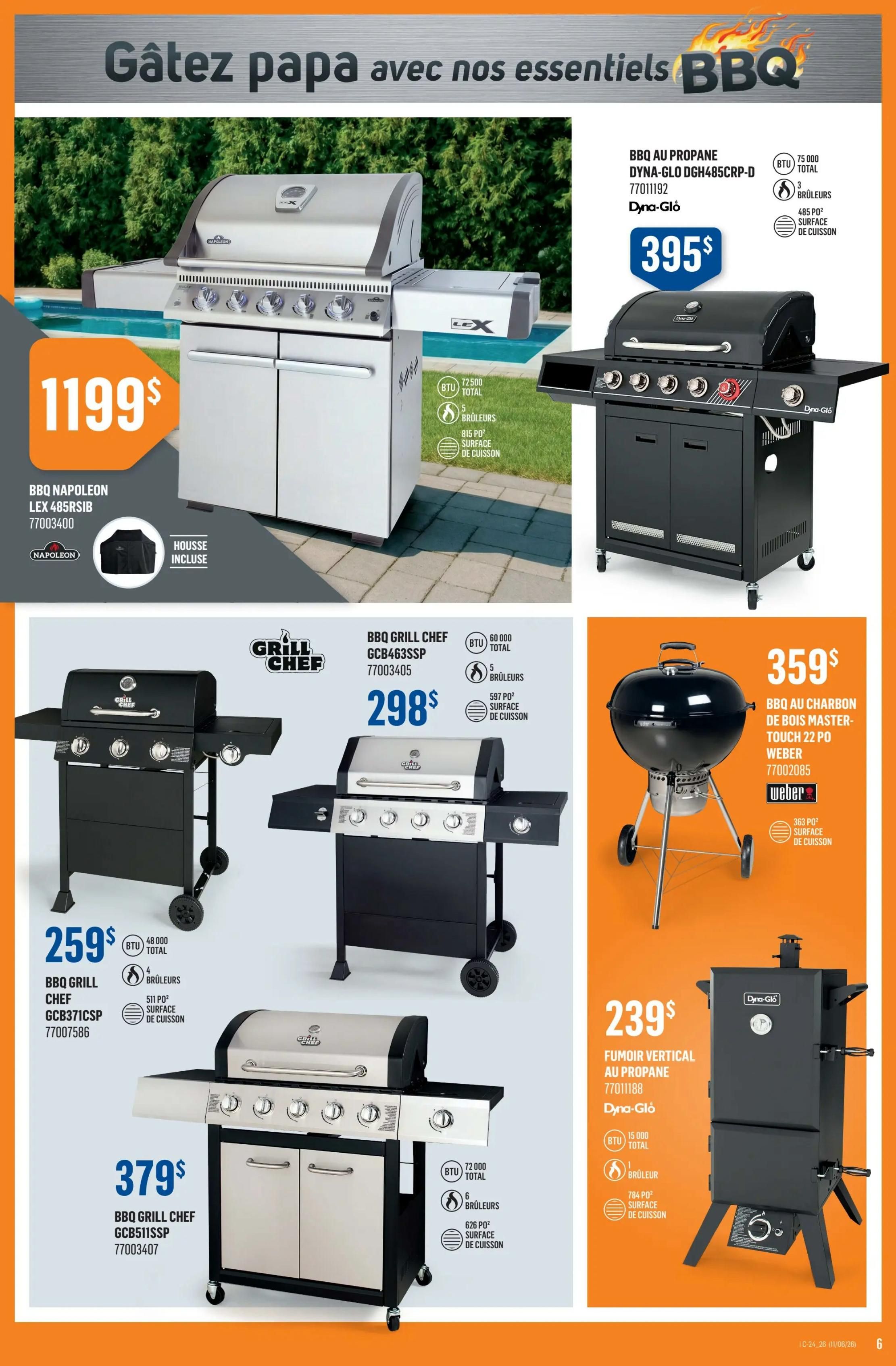 Canac weekly flyer specials page 6 features a selection of BBQs and smokers for Father's Day. The Napoleon LEX 485SIB BBQ is priced at $1199 and includes a cover. The Dyna-Glo propane BBQ DGH485CRP-D is on sale for $395. Grill Chef GCB463SSP BBQ is available for $298, and the Grill Chef GCB511SSP BBQ is priced at $379. Also featured is the Weber Master-Touch 22 PO charcoal BBQ for $359, and the Dyna-Glo propane vertical smoker for $239.