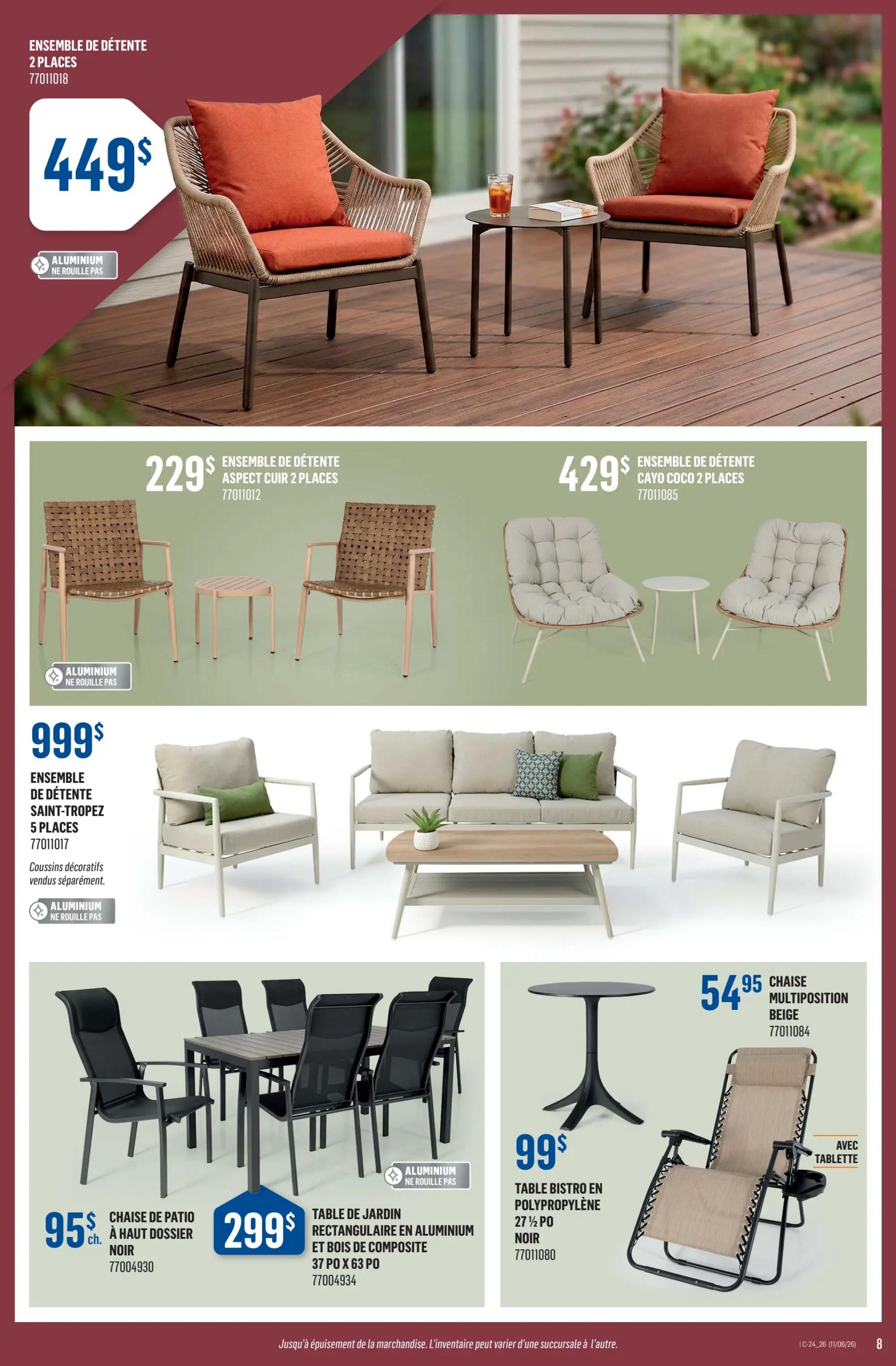 Canac Weekly Flyer Specials Page 8. Features a 2-piece relaxation set for $449, made of aluminum that won't rust. Also available is a 2-piece Aspect Cuir relaxation set for $229 and a 2-piece Cayo Coco relaxation set for $429. A 5-piece Saint-Tropez relaxation set is priced at $999, made of aluminum that won't rust, decorative cushions sold separately. A patio dining set with high-back chairs in black is $95 each. A garden table made of aluminum and composite, measuring 37' x 63', is $299. A beige multiposition chair is $54.95. A black polypropylene bistro table, 27 1/2', is $99 and includes a tablet. All items are while supplies last.