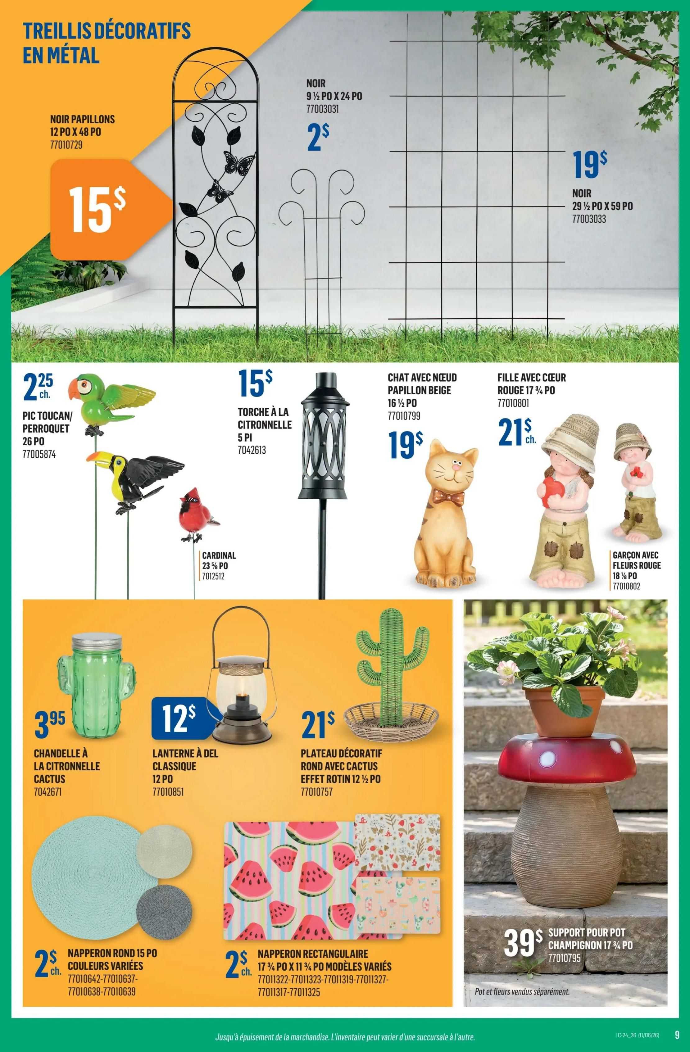 Canac flyer page 9 features decorative metal trellises and garden decor. Large black metal trellis with butterfly design is $15. Smaller black metal trellises are available in various sizes: 9 1/2' x 24' for $2, and 29 1/2' x 59' for $19. Decorative garden stakes include a toucan/parrot for $2.25, a citronella torch for $15, and a cardinal for $2. Also featured are a cat with a bow tie statue for $19, and girl and boy garden statues for $21 each. Other items include a cactus citronella candle holder for $3.95, a classic lantern for $12, a round decorative tray with cactus design for $21, round placemats in assorted colours for $2 each, and rectangular placemats with assorted patterns for $2 each. A mushroom-shaped pot stand is priced at $39. Plants and flowers sold separately. The flyer is valid from June 11 to June 17, 2026.