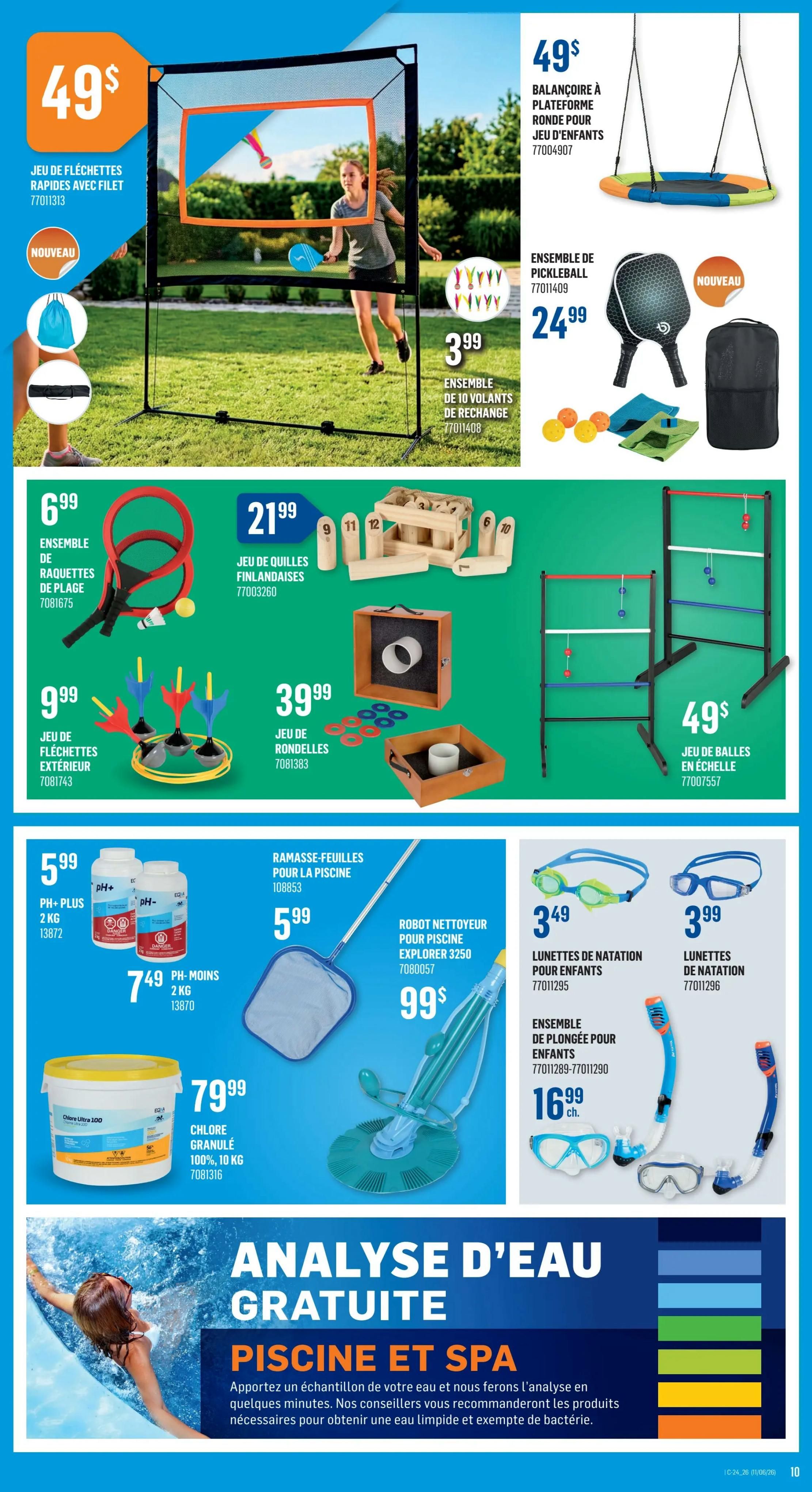 Canac weekly flyer specials page 10 features a variety of outdoor and pool-related items. Top row includes a $49 dart game with net and accessories, a $49 round platform swing for kids, and a $24.99 pickleball set with paddles and balls. Below that, find a $6.99 beach racket set, a $21.99 Finnish quoits game, and a $39.99 ring toss game. On the right side, a ladder toss game is priced at $49. The bottom section highlights pool supplies: $5.99 pH-Plus 2kg, $7.49 pH-Minus 2kg, $5.99 pool leaf skimmer, and a $99 pool robot cleaner. Also available is $79.99 granular chlorine 100% 10kg. Swim accessories include kids' swim goggles for $3.49, adult swim goggles for $3.99, and a kids' snorkel set for $16.99. The page also advertises a free water analysis for pool and spa, with a reminder to bring a water sample for analysis and product recommendations.