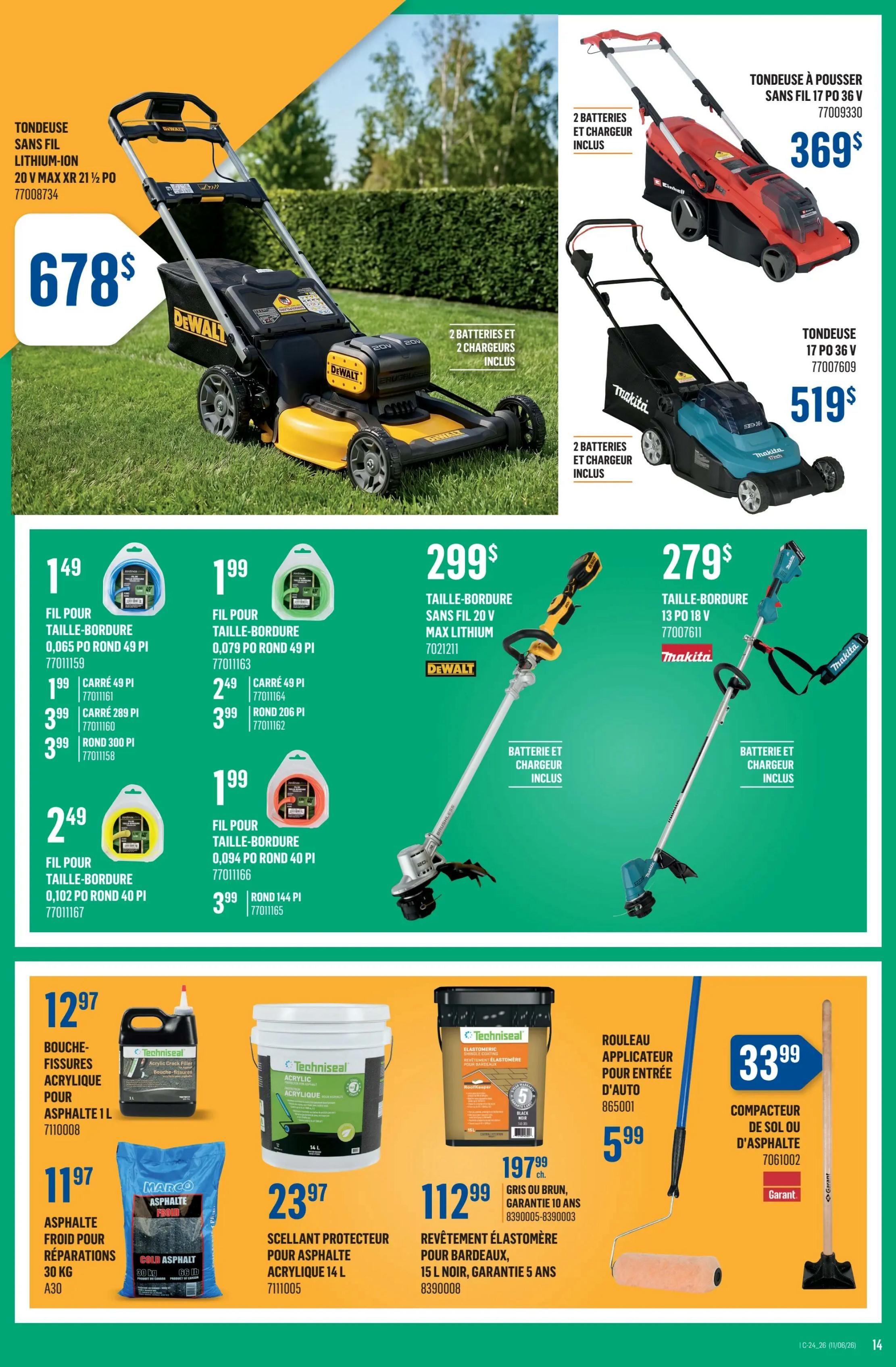 Canac weekly flyer specials page 14 features a DeWalt cordless lithium-ion lawn mower for $678. Also shown are a 17' 36V push mower with 2 batteries and charger for $369, and a Makita 17' 36V mower with 2 batteries and charger for $519. Several spools of trimmer line are available, including 0.065' round for $1.49, 0.079' round for $1.99, and 0.102' round for $2.49. Also featured are 20V max lithium cordless string trimmers from DeWalt for $299 and Makita for $279, both including batteries and chargers. In the lower section, find Techniseal acrylic crack filler for asphalt at $12.97, Marco cold asphalt repair for $11.97, Techniseal protective sealant for asphalt (14L) for $23.97, and 15L black elastomeric coating for decks with a 5-year warranty for $112.99. An asphalt driveway roller is priced at $5.99, and a Garant soil or asphalt compactor is $33.99.