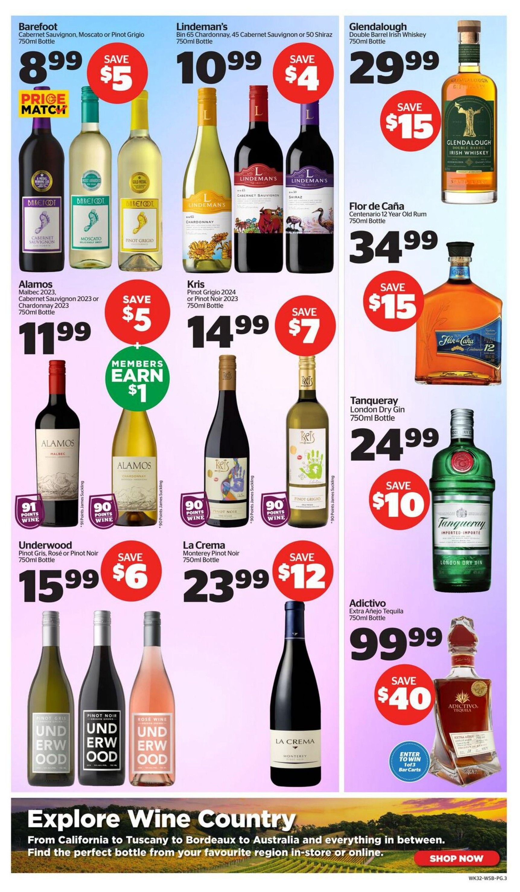 Calgary Co-op Wine Spirits Beer flyer, page 3. Featured products include Barefoot Cabernet Sauvignon, Moscato or Pinot Grigio for $8.99, save $5. Lindeman's Bin 65 Chardonnay, 45 Cabernet Sauvignon or 50 Shiraz for $10.99, save $4. Glendalough Double Barrel Irish Whiskey for $29.99, save $15. Alamos Malbec 2023 or Cabernet Sauvignon 2023 or Chardonnay 2023 750ml bottle for $11.99, save $5, members earn $1. Kris Pinot Grigio 2024 or Pinot Noir 2023 750ml bottle for $14.99, save $7. Flor de Caña Centenario 12 Year Old Rum 750ml bottle for $34.99, save $15. Underwood Pinot Gris, Rosé or Pinot Noir 750ml bottle for $15.99, save $6. La Crema Monterey Pinot Noir 750ml bottle for $23.99, save $12. Tanqueray London Dry Gin 750ml bottle for $24.99, save $10. Adictivo Extra Añejo Tequila 750ml bottle for $99.99, save $40, enter to win 1 of 3 bar carts. The page also features a section titled 'Explore Wine Country' with a call to action to 'Shop Now'.