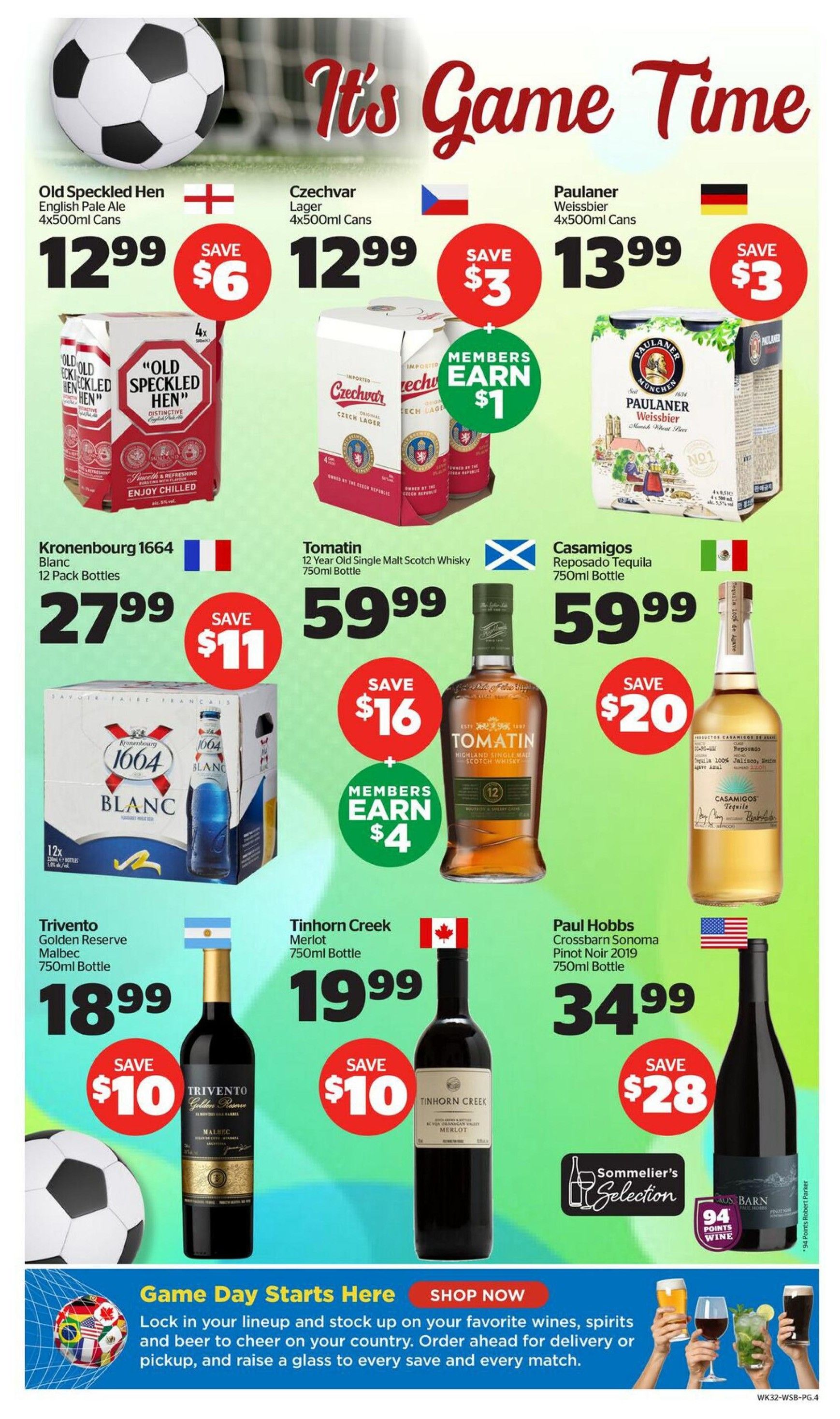 Calgary Co-op Wine Spirits Beer flyer, page 4. Featured are Old Speckled Hen English Pale Ale 4x500ml cans for $12.99, save $6. Czechvar Lager 4x500ml cans for $12.99, save $3, members earn $1. Paulaner Weissbier 4x500ml cans for $13.99, save $3. Kronenbourg 1664 Blanc 12 Pack Bottles for $27.99, save $11. Tomatin 12 Year Old Single Malt Scotch Whisky 750ml bottle for $59.99, save $16, members earn $4. Casamigos Reposado Tequila 750ml bottle for $59.99, save $20. Trivento Golden Reserve Malbec 750ml bottle for $18.99, save $10. Tinhorn Creek Merlot 750ml bottle for $19.99, save $10. Paul Hobbs Crossbarn Sonoma Pinot Noir 2019 750ml bottle for $34.99, save $28. The page also features a 'Game Day Starts Here' promotion with a 'Shop Now' button, encouraging customers to stock up on their favourite wines, spirits, and beer for country celebrations, with options for pickup. Several flags representing different countries are displayed, including the UK, Czech Republic, Germany, France, Scotland, Mexico, Argentina, Canada, and the USA. The bottom banner shows hands holding various drinks like beer, wine, and cocktails.