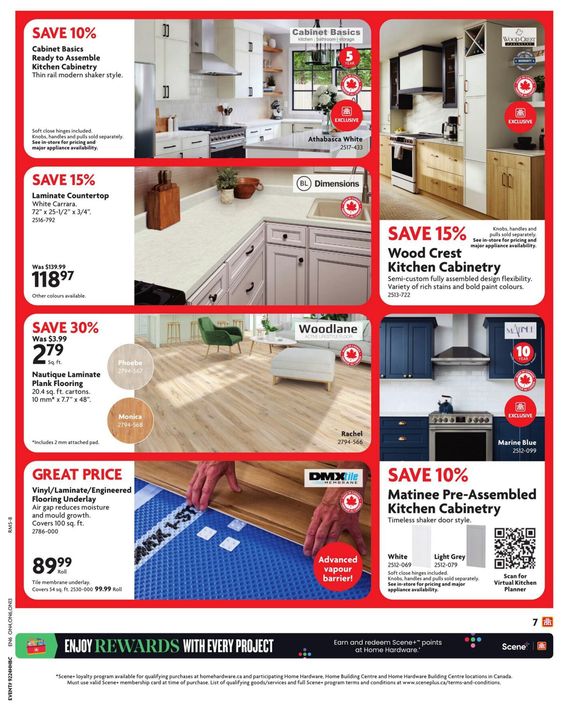 Home Hardware flyer page 8 features kitchen and flooring solutions. Save 10% on Cabinet Basics Ready to Assemble Kitchen Cabinetry in a thin rail modern shaker style, with soft close hinges. Save 15% on Laminate Countertop in White Carrara, 72' x 25-1/2' x 3/4', originally $139.99, now $118.97. Save 30% on Nautique Laminate Plank Flooring, 20.4 sq. ft. cartons, 10 mm x 7.7' x 48', now $2.79 sq. ft., available in Phoebe and Monica styles. Save 15% on Wood Crest Kitchen Cabinetry, semi-custom assembled, in various stains and paint colours for $2513-722. Save 10% on Matinee Pre-Assembled Kitchen Cabinetry in timeless shaker door style, available in White (2512-069) and Light Grey (2512-079), with a virtual kitchen planner available via QR code. Also featured is Wood Crest Kitchen Cabinetry in Marine Blue (2512-099). Great Price on Vinyl/Laminate/Engineered Flooring Underlay, air gap reduces moisture and mould growth, covers 100 sq. ft. for $89.99 per roll, with tile membrane underlay covering 54 sq. ft. for $99.99 per roll. The page also promotes 'Enjoy Rewards with Every Project' and earning Scene+ points at Home Hardware.