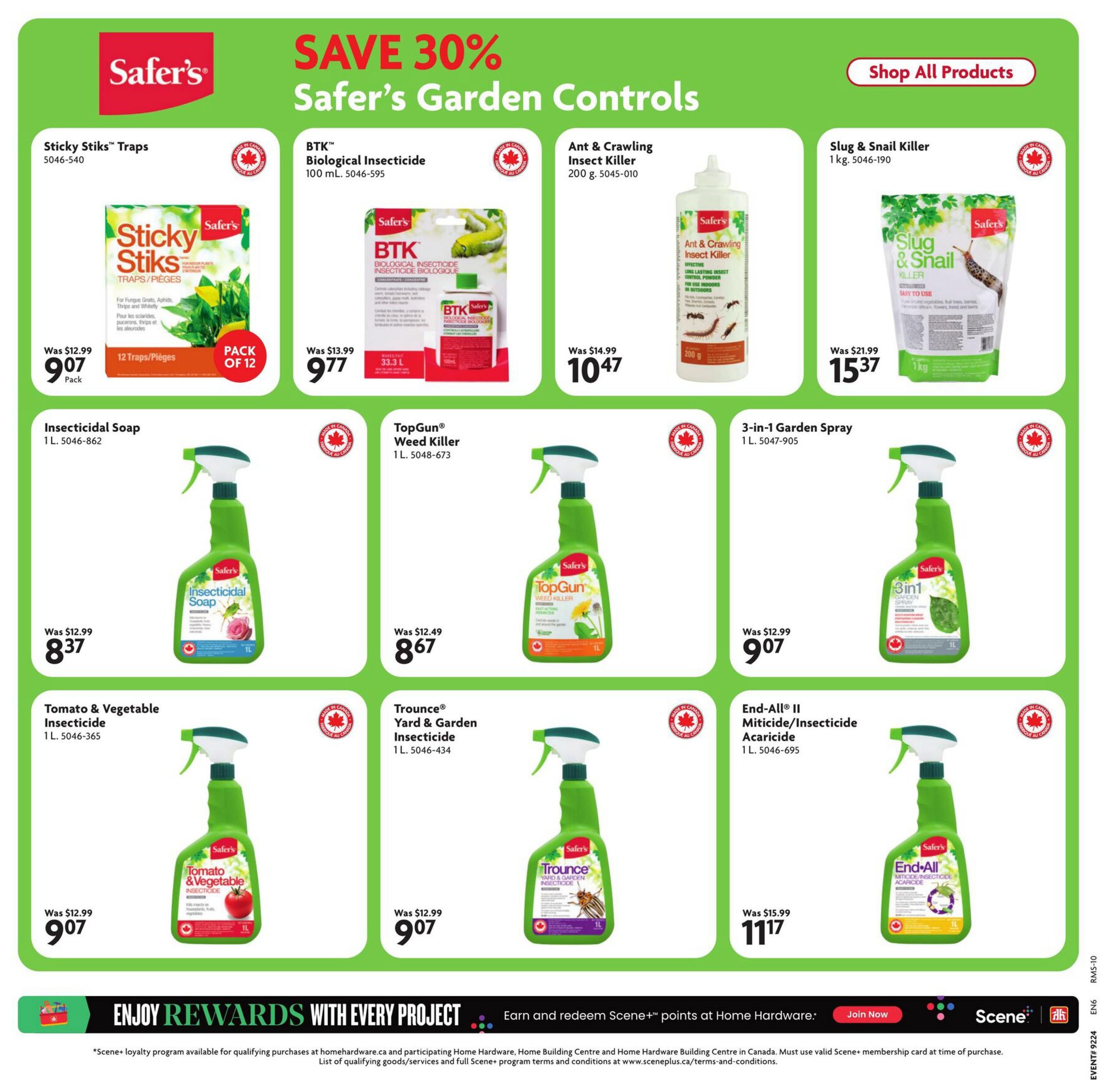 Home Hardware flyer page featuring Safer's Garden Controls with savings up to 30%. Products include Sticky Stiks Traps, 12 traps for $9.07; BTK Biological Insecticide, 100 mL for $9.77; Ant & Crawling Insect Killer, 200 g for $10.47; and Slug & Snail Killer, 1 kg for $15.37. Also available are Insecticidal Soap, 1 L for $8.37; TopGun Weed Killer, 1 L for $8.67; 3-in-1 Garden Spray, 1 L for $9.07; Tomato & Vegetable Insecticide, 1 L for $9.07; Trounce Yard & Garden Insecticide, 1 L for $9.07; and End-All II Miticicide/Insecticide Acaricide, 1 L for $11.17. The page also promotes earning Scene+ points with every project.