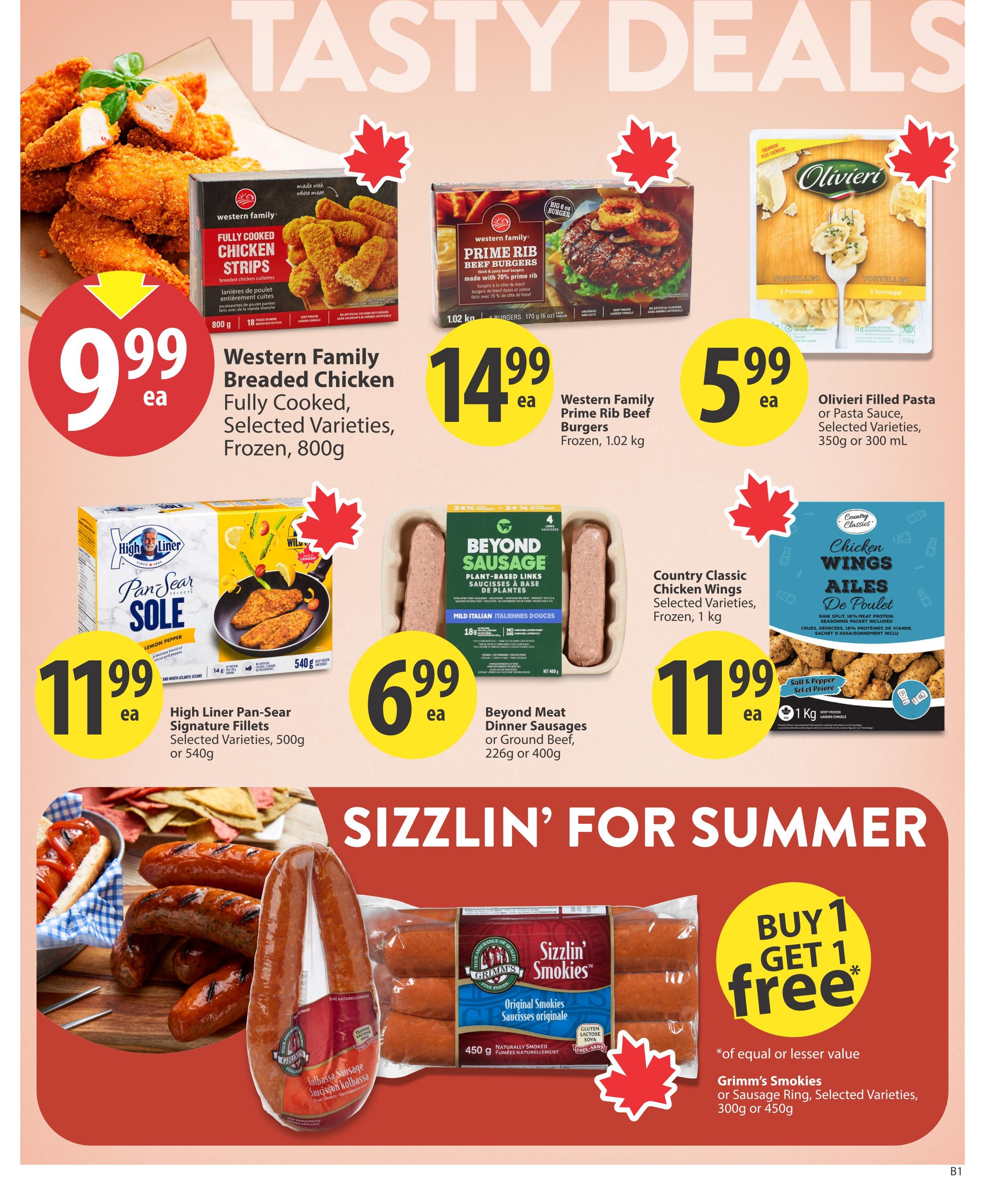 Save-On-Foods Alberta weekly flyer specials page 8. Featured are Western Family Breaded Chicken Fully Cooked Strips for $9.99 each, Western Family Prime Rib Beef Burgers frozen for $14.99 each, and Olivieri Filled Pasta or Pasta Sauce for $5.99 each. Also on sale is High Liner Pan-Sear Sole Signature Fillets for $11.99 each. Other deals include Beyond Meat Dinner Sausages or Ground Beef for $6.99 each, and Country Classic Chicken Wings for $11.99 each. The bottom section highlights a Buy 1 Get 1 free offer on Grimm's Smokies or Sausage Ring, selected varieties, 300g or 450g.
