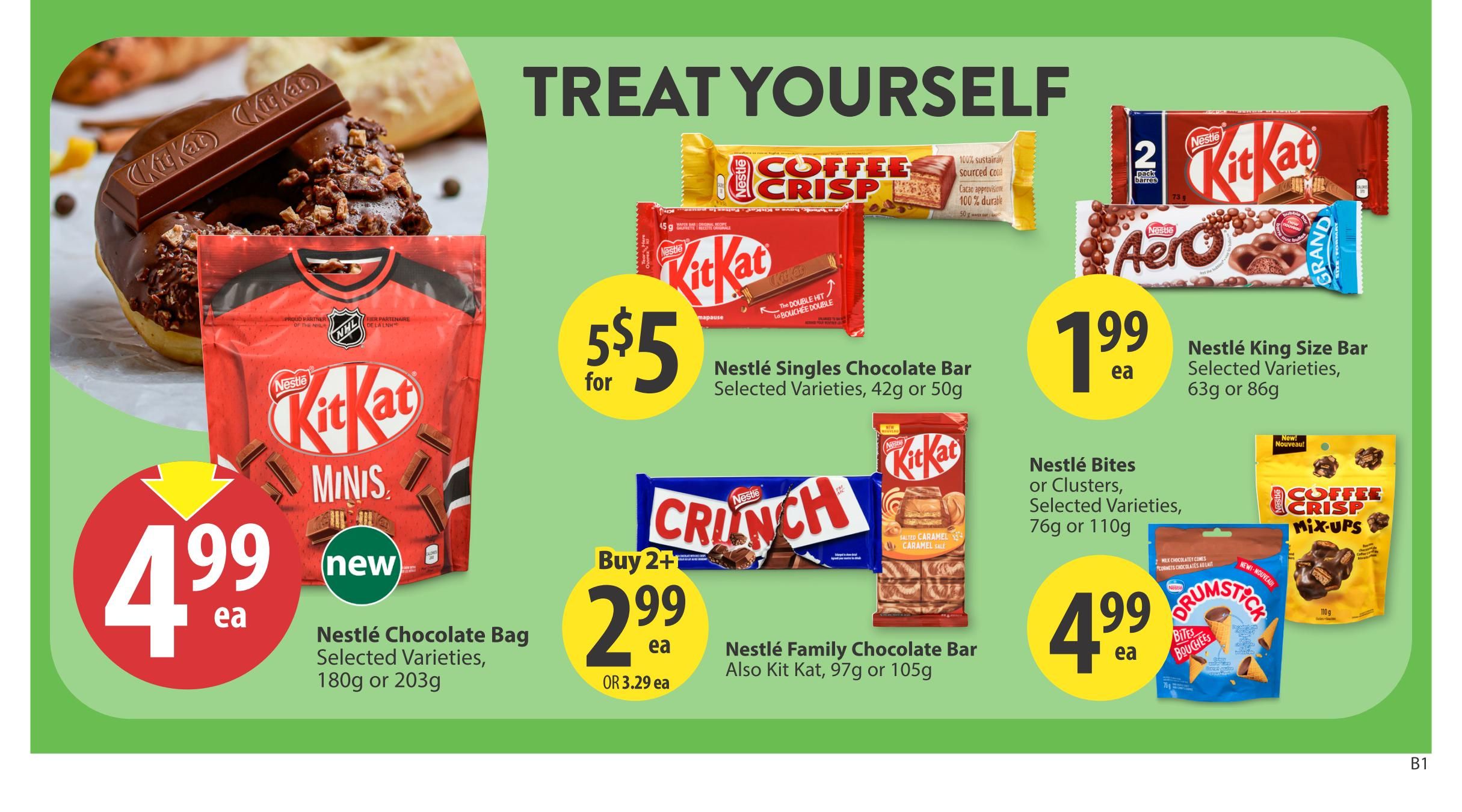Save-On-Foods weekly flyer specials page 22, featuring a 'Treat Yourself' theme with various Nestlé chocolate products. Highlights include Nestlé Chocolate Bags (Selected Varieties, 180g or 203g) for $4.99 each, Nestlé Singles Chocolate Bars (Selected Varieties, 42g or 50g) for 5 for $5, Nestlé King Size Bars (Selected Varieties, 63g or 86g) for $1.99 each, Nestlé Family Chocolate Bars (Kit Kat, Crunch, 97g or 105g) for $2.99 each when buying 2+, Nestlé Bites or Clusters (Selected Varieties, 76g or 110g), and Coffee Crisp Mix-Ups (110g) for $4.99 each. A large image of a chocolate-covered donut topped with a Kit Kat bar is featured on the left.