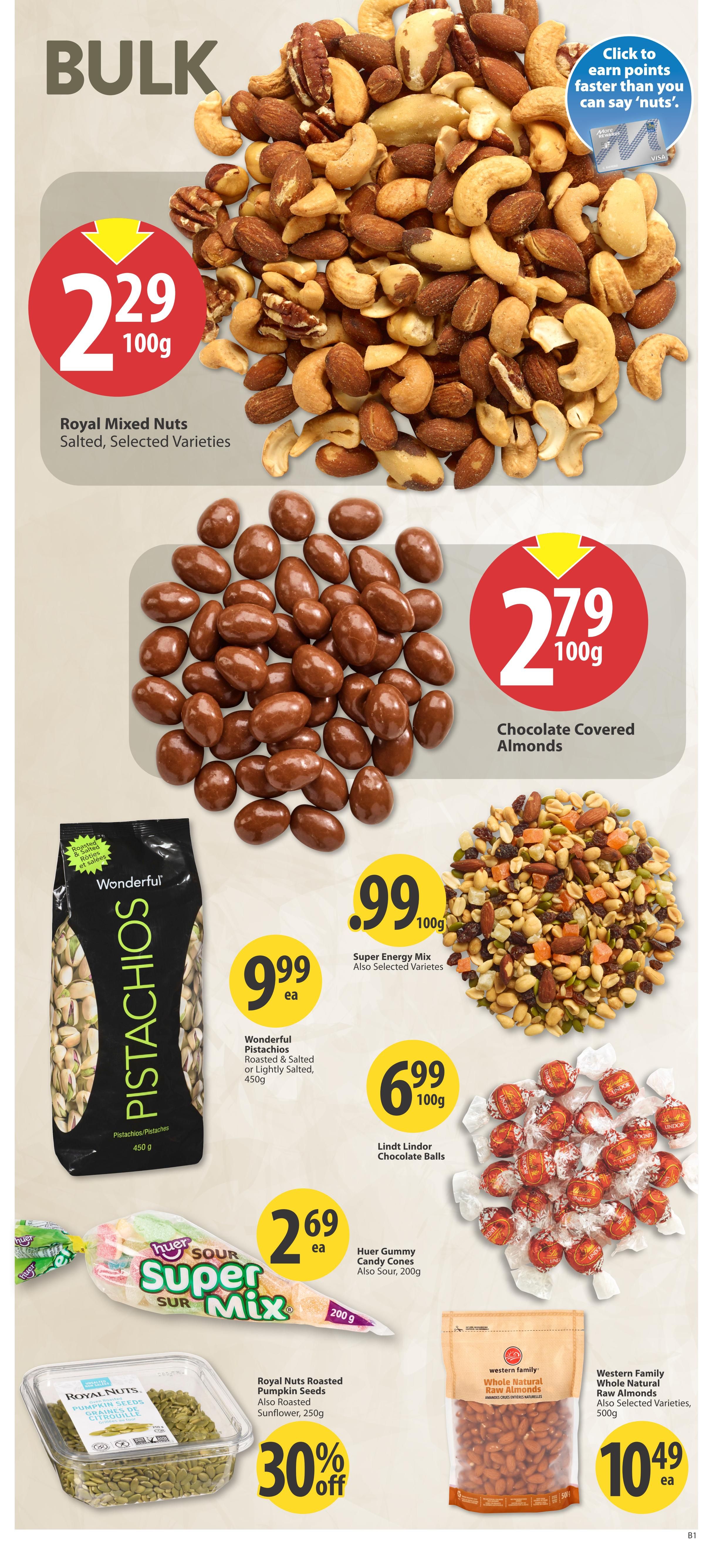 Save-On-Foods weekly flyer specials page 25, featuring bulk snacks. Royal Mixed Nuts, Salted, Selected Varieties, are $2.29 per 100g. Chocolate Covered Almonds are $2.79 per 100g. Wonderful Pistachios, Roasted & Salted or Lightly Salted, 450g, are $9.99 each. Super Energy Mix, also selected varieties, is $0.99 per 100g. Lindt Lindor Chocolate Balls are $6.99 per 100g. Huer Gummy Candy Cones, also Sour, 200g, are $2.69 each. Royal Nuts Roasted Pumpkin Seeds, also Roasted Sunflower, 250g, are 30% off. Western Family Whole Natural Raw Almonds, also selected varieties, 500g, are $10.49 each.