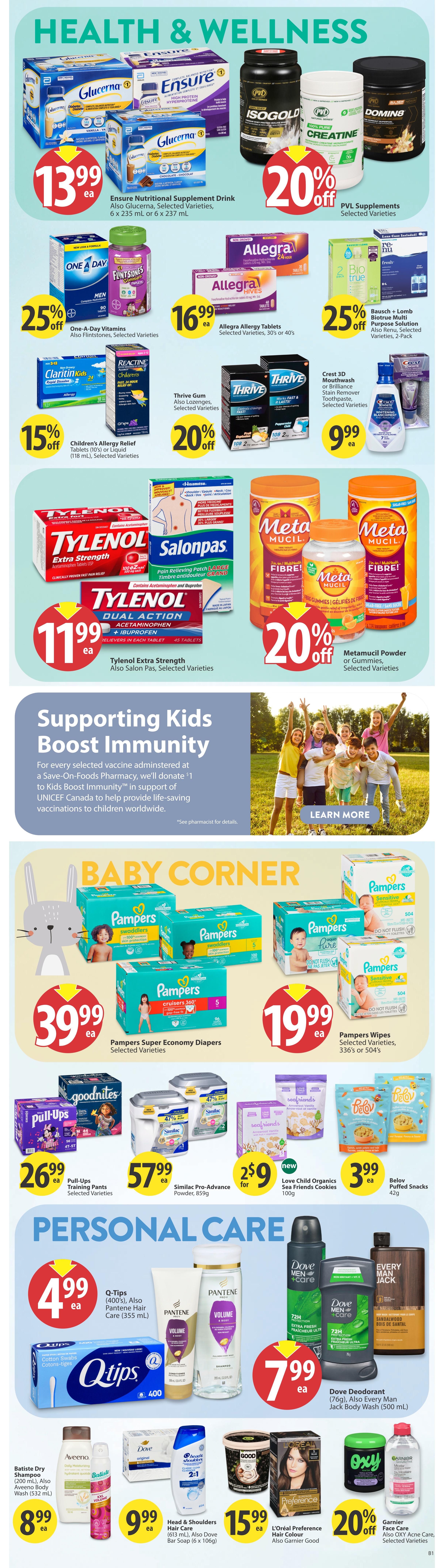 Save-On-Foods Alberta Weekly Flyer Specials Page 28. Health & Wellness section features Ensure Nutritional Supplement Drink or Glucerna for $13.99, PVL Supplements including Isogold, Creatine, and Domin8 with 20% off. One-A-Day Vitamins and Flintstones Vitamins are $25.99. Allegra Allergy Tablets are $16.99. Thrive Gum is 20% off. Children's Allergy Relief Tablets or Liquid are 15% off. Tylenol Extra Strength and Tylenol Dual Action are $11.99. Metamucil Powder or Gummies are 20% off. Supporting Kids Boost Immunity program details are shown. Baby Corner includes Pampers Super Economy Diapers for $39.99 and Pampers Wipes for $19.99. Pull-Ups Training Pants are $26.99. Similac Pro-Advance Powder (859g) is $57.99. Love Child Organics Sea Friends Cookies are 2 for $9. Belov Puffed Snacks are $3.99. Personal Care section features Q-Tips (400's) and Pantene Hair Care (355 mL) for $4.99. Dove Deodorant (76g), Every Man Jack Body Wash (500 mL) are $7.99. Batiste Dry Shampoo (200 mL) and Aveeno Body Wash (532 mL) are $8.99. Head & Shoulders Hair Care (613 mL) and Dove Bar Soap (6 x 106g) are $9.99. L'Oréal Preference Hair Colour and Garnier Good are $15.99. Oxy Acne Care and Garnier Skin Care are 20% off.