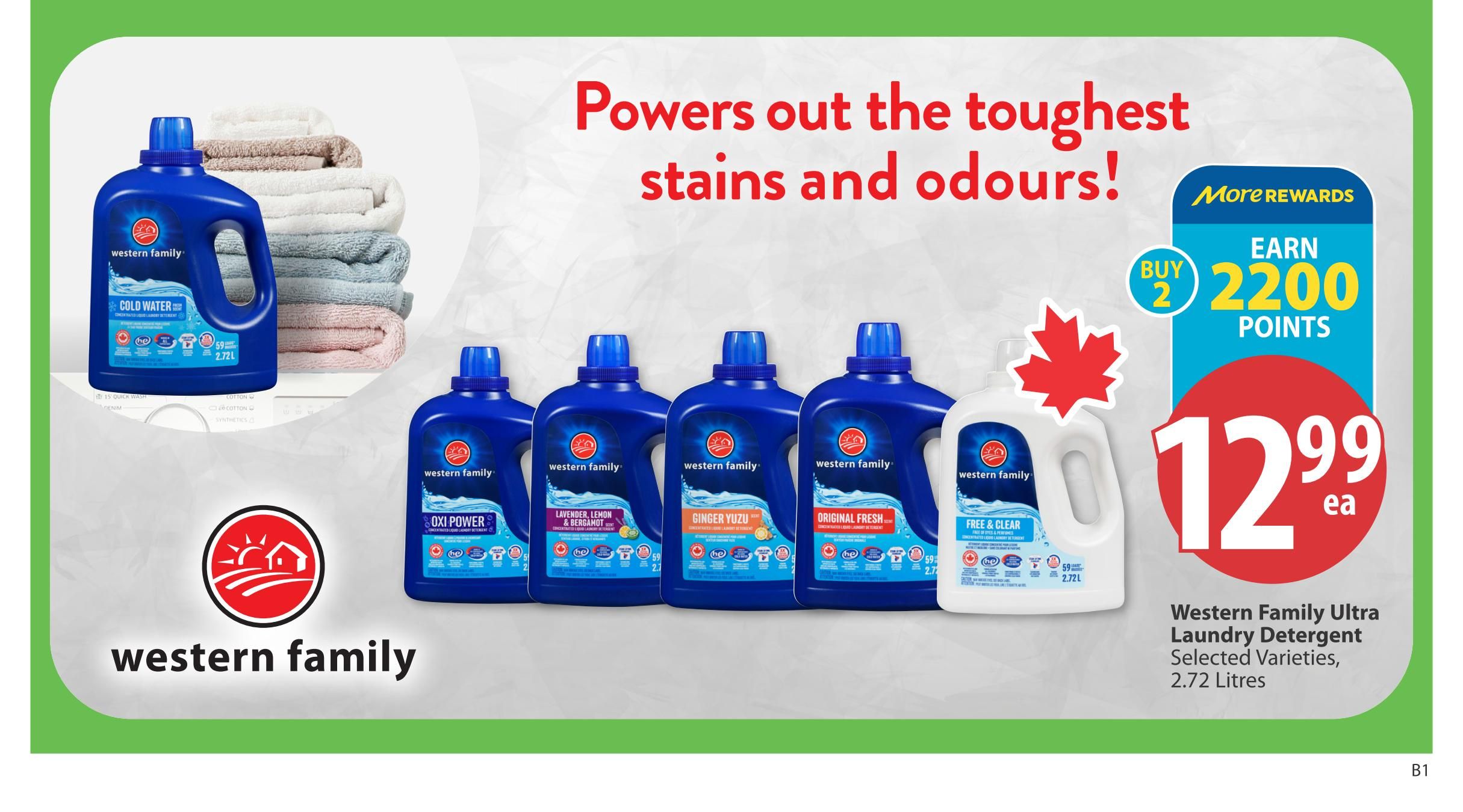 Save-On-Foods Alberta flyer, page 31. Features Western Family Ultra Laundry Detergent in selected varieties and 2.72 Litre sizes. The headline reads 'Powers out the toughest stains and odours!'. Available scents include Cold Water, Oxi Power, Lavender Lemon & Bergamot, Ginger Yuzu, Original Fresh, and Free & Clear. When you buy 2, earn 2200 More Rewards points. The price is $12.99 each.