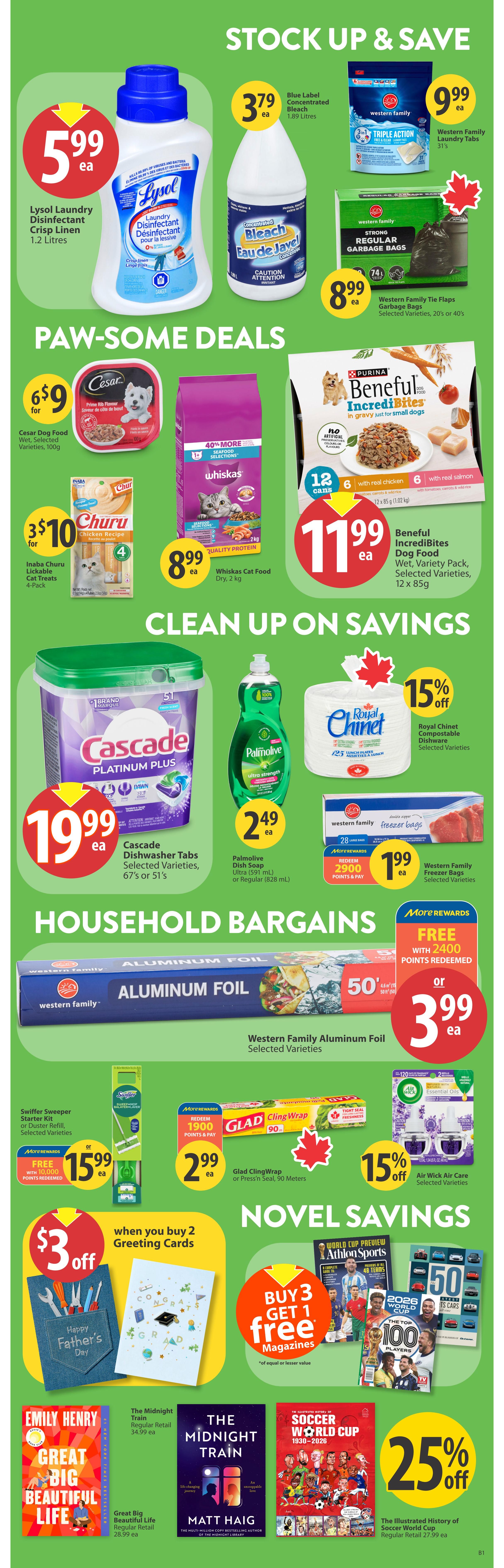 Save-On-Foods weekly flyer specials for Alberta, page 32. Features 'Stock Up & Save' deals including Lysol Laundry Disinfectant Crisp Linen for $5.99, Blue Label Concentrated Bleach for $3.79, and Western Family Laundry Tabs for $9.99. 'Paw-Some Deals' include Cesar Dog Food for $6 for 9, Inaba Churu Lickable Cat Treats 4-Pack for 3 for $10, Whiskas Cat Food Dry for $8.99, and Beneful IncrediBites Dog Food 12 x 85g for $11.99. 'Clean Up On Savings' offers Cascade Dishwasher Tabs for $19.99, Palmolive Dish Soap Ultra or Regular for $2.49, and Royal Chinet Compostable Dishware with 15% off. 'Household Bargains' include Western Family Aluminum Foil for $3.99, Swiffer Sweeper Starter Kit or Duster Refill for FREE with 10,000 points redeemed, and Glad ClingWrap or Press 'n Seal for $2.99. Also featured are Air Wick Air Care with 15% off, and a 'Buy 2 Greeting Cards, Get $3 off' offer. 'Novel Savings' include Buy 3 Get 1 Free Magazines, Emily Henry Great Big Beautiful Life book, The Midnight Train book, and The Illustrated History of Soccer World Cup 1930-2026 book with 25% off.