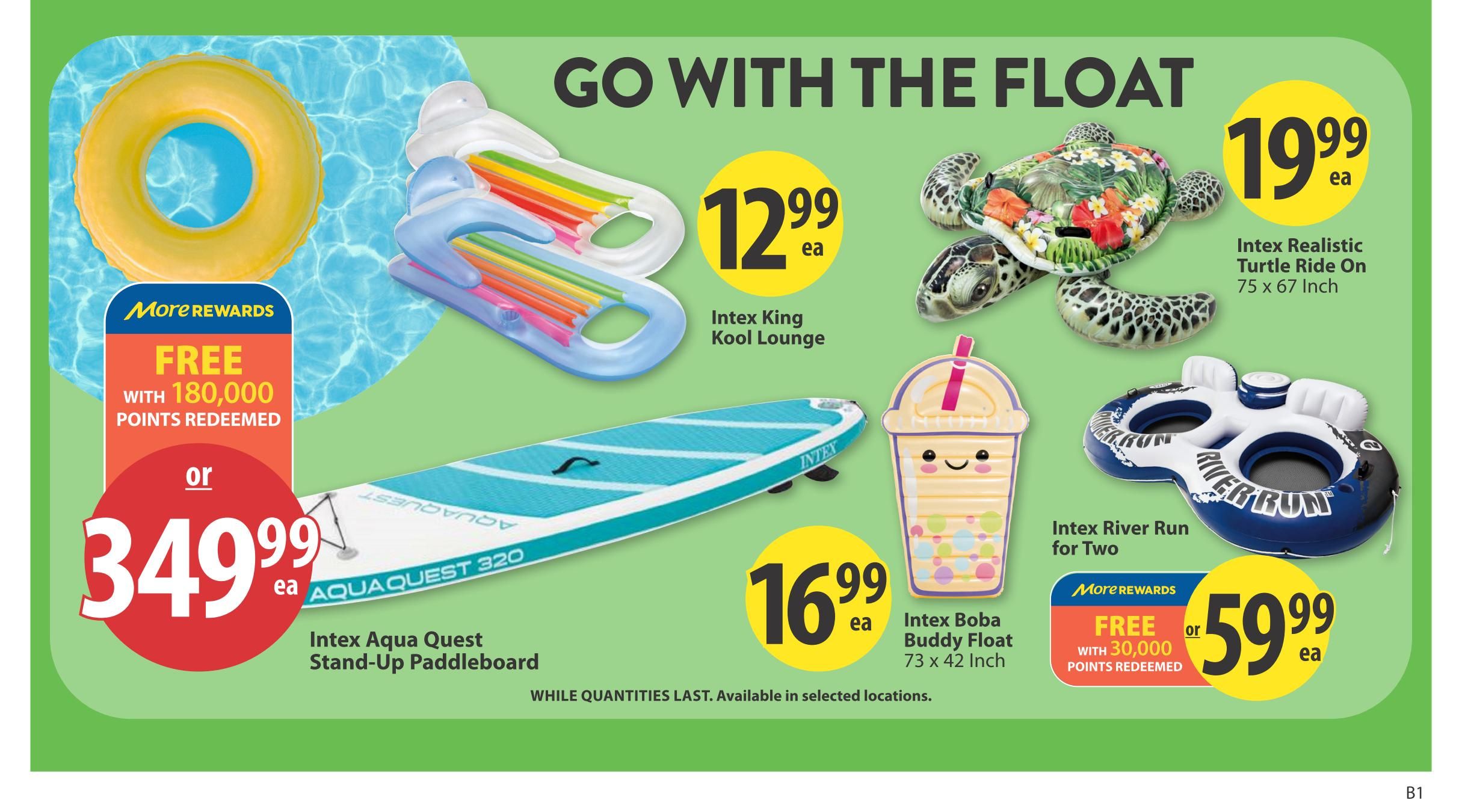 Save-On-Foods Alberta weekly flyer specials page 33 features 'Go With The Float' theme. Offers include Intex King Kool Lounge for $12.99, Intex Realistic Turtle Ride On (75 x 67 inch) for $19.99, and Intex Boba Buddy Float (73 x 42 inch) for $16.99. The Intex Aqua Quest 320 Stand-Up Paddleboard is available for $349.99 or FREE with 180,000 More Rewards points redeemed. The Intex River Run for Two is FREE with 30,000 More Rewards points redeemed or $59.99. While quantities last. Available in selected locations.