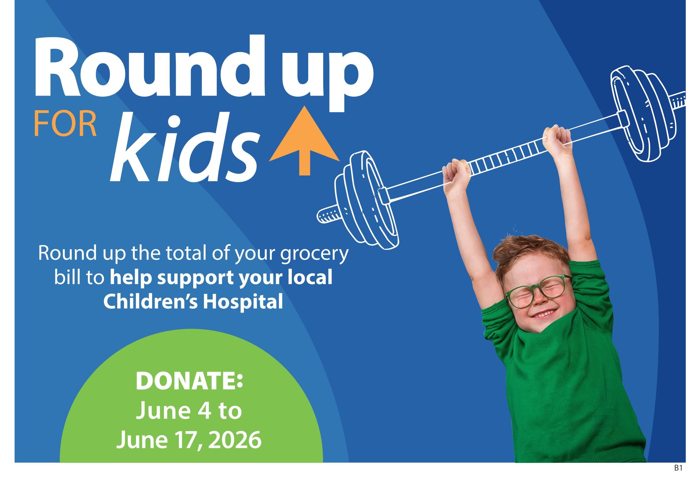 Save-On-Foods flyer page 34: Round Up for Kids campaign. A smiling child in a green sweater lifts a barbell. Customers can round up their grocery bill total to help support their local Children's Hospital. Donation period is from June 4 to June 17, 2026.