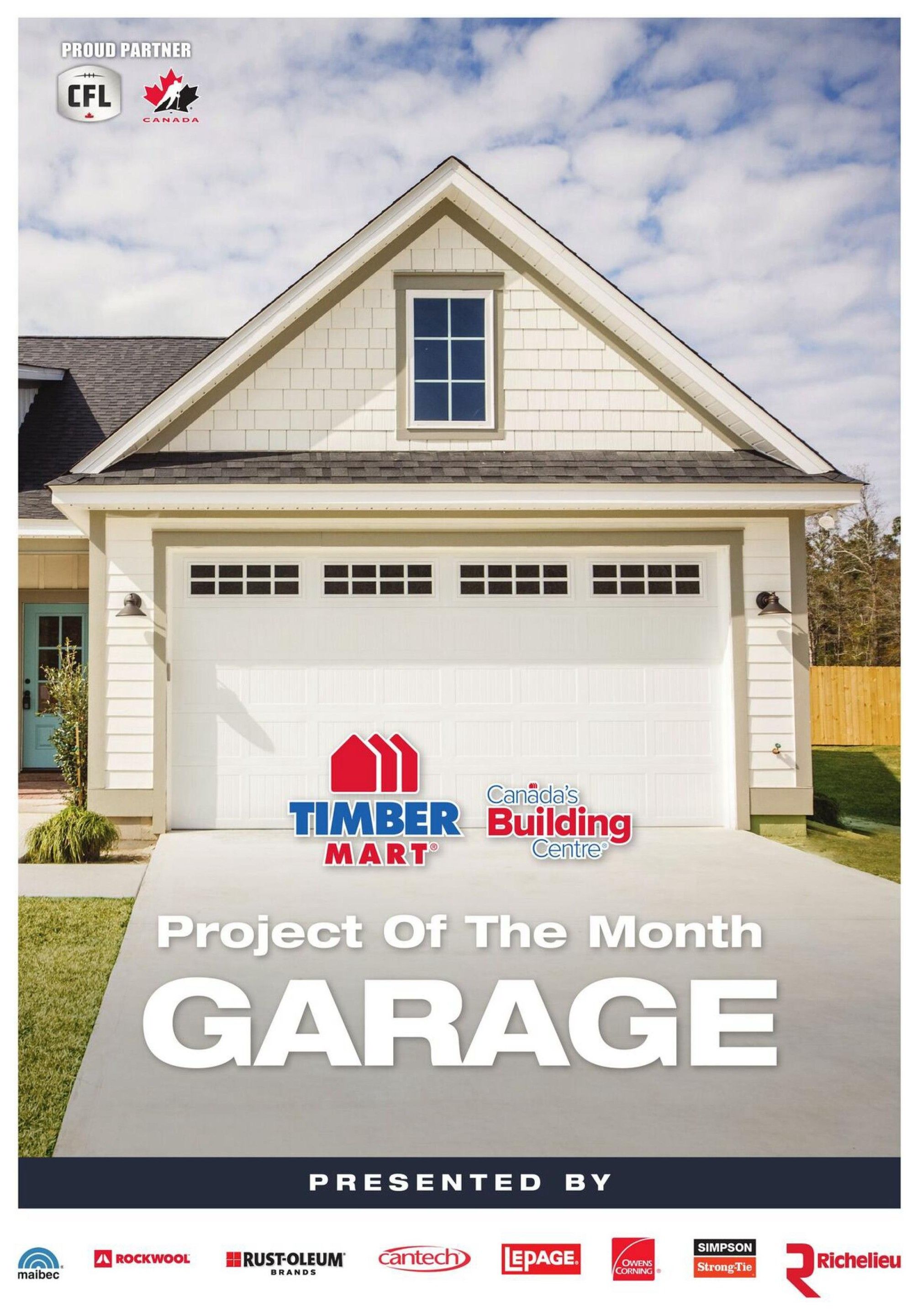Timber Mart Canada's Building Centre flyer, page 9, featuring 'Project Of The Month: GARAGE' presented by various brands including Maibec, Rockwool, Rust-Oleum, Cantech, Lepage, Owens Corning, Simpson Strong-Tie, and Richelieu. The page also shows a proud partnership with CFL Canada.
