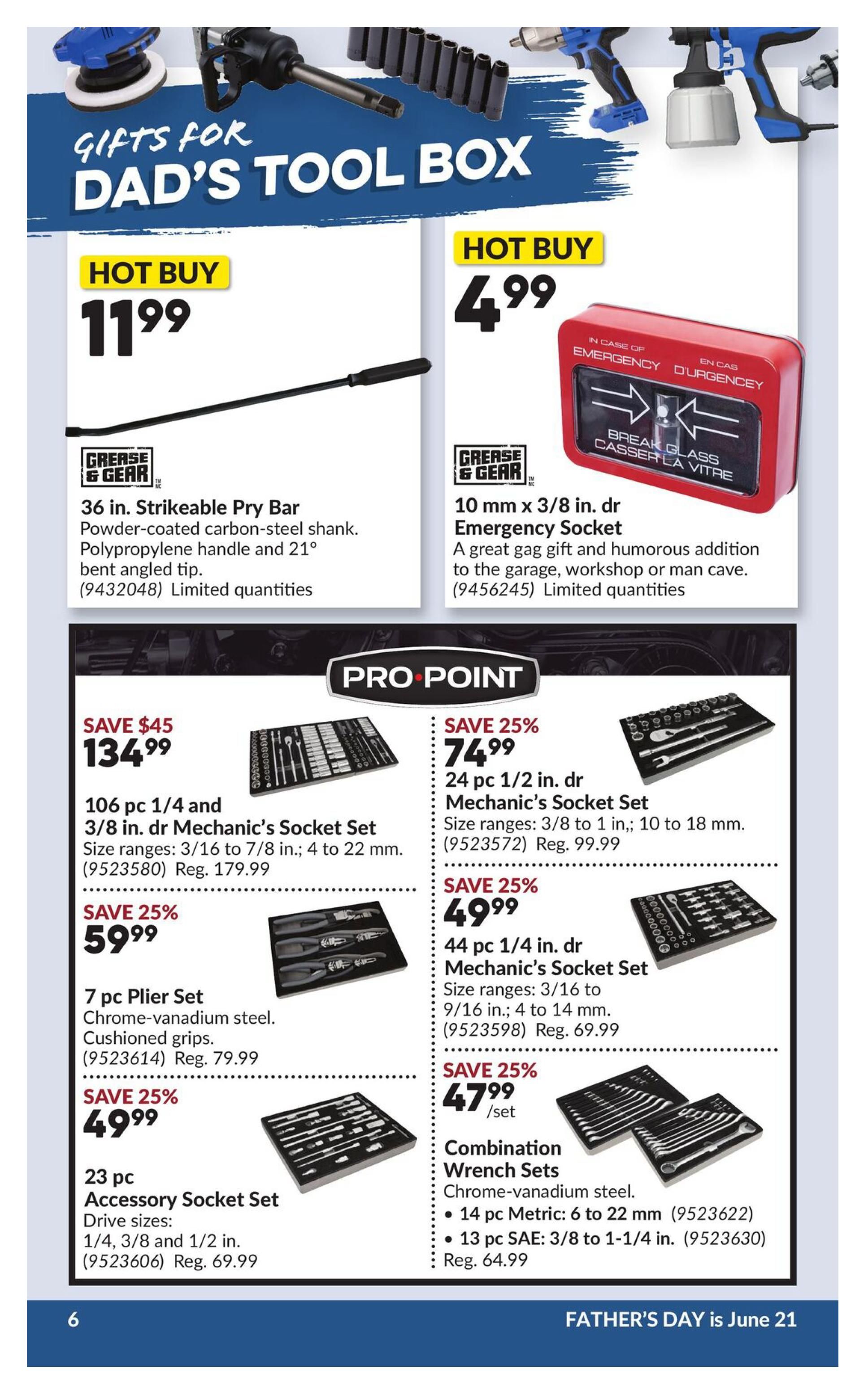 Princess Auto flyer page 10 features 'Gifts for Dad's Tool Box'. Hot Buy: 36 in. Strikeable Pry Bar for $11.99, with powder-coated carbon-steel shank and polypropylene handle. Another Hot Buy is the 10 mm x 3/8 in. dr Emergency Socket for $4.99, a humorous addition for the garage. The Pro Point section includes a SAVE 25% offer on a 106 pc 1/4 and 3/8 in. dr Mechanic's Socket Set for $134.99 (Reg. $179.99). Also SAVE 25% on a 7 pc Plier Set for $59.99 (Reg. $79.99) and a 23 pc Accessory Socket Set for $49.99 (Reg. $69.99). On the right side, SAVE 25% on a 24 pc 1/2 in. dr Mechanic's Socket Set for $74.99 (Reg. $99.99). Additionally, SAVE 25% on a 44 pc 1/4 in. dr Mechanic's Socket Set for $49.99 (Reg. $69.99). Finally, SAVE 25% on Combination Wrench Sets for $47.99/set, including a 14 pc Metric set (6 to 22 mm) and a 13 pc SAE set (3/8 to 1-1/4 in.) (Reg. $64.99). Father's Day is June 21.