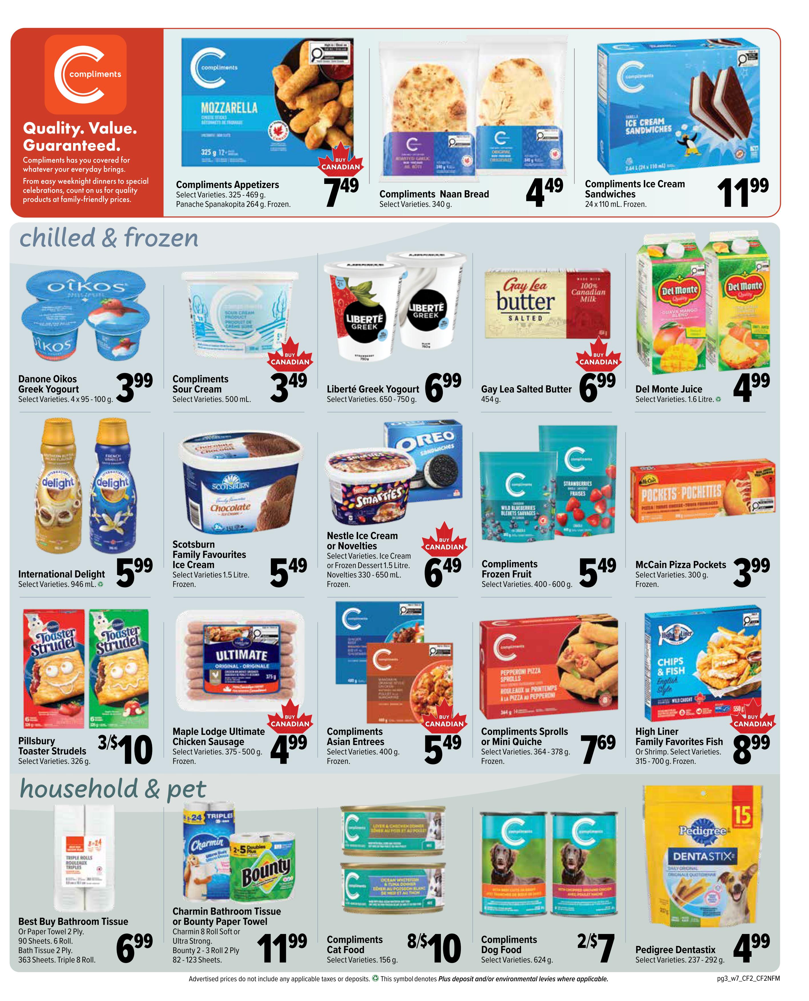 Bidgood's weekly flyer specials page 3 features chilled and frozen items, and household and pet products. Top row includes Compliments Appetizers for $7.49, Compliments Naan Bread for $4.49, and Compliments Ice Cream Sandwiches for $11.99. Second row showcases Danone Oikos Greek Yogurt for $3.99, Compliments Sour Cream for $3.49, Liberté Greek Yogurt for $6.99, Gay Lea Salted Butter for $6.99, and Del Monte Juice for $4.99. Third row features International Delight for $5.99, Scotsburn Family Favourites Ice Cream for $5.49, Nestle Ice Cream or Novelties for $6.49, Compliments Frozen Fruit for $5.49, and McCain Pizza Pockets for $3.99. Bottom row includes Pillsbury Toaster Strudels for 3 for $10, Maple Lodge Ultimate Chicken Sausage for $4.99, Compliments Asian Entrees for $5.49, Compliments Sprolls or Mini Quiche for $7.69, and High Liner Family Favorites Fish or Shrimp for $8.99. Household and pet section includes Best Buy Bathroom Tissue or Paper Towel for $6.99, Charmin Bathroom Tissue or Bounty Paper Towel for $11.99, Compliments Cat Food for 8 for $10, Compliments Dog Food for 2 for $7, and Pedigree Dentastix for $4.99.
