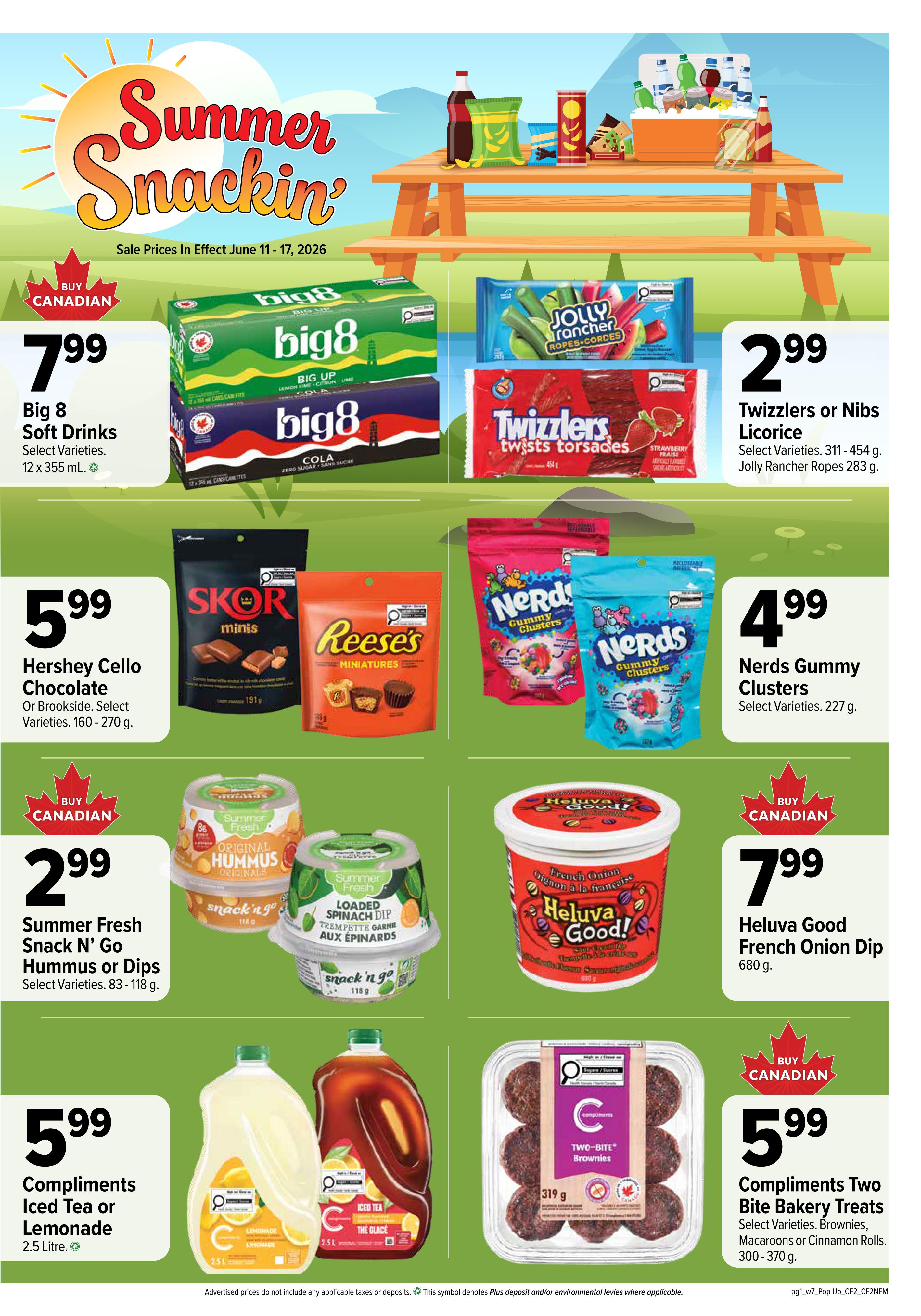 Bidgood's weekly flyer specials page 5 features 'Summer Snacking' deals. Big 8 Soft Drinks are on sale for $7.99 for a 12 x 355 mL pack, available in select varieties. Twizzlers or Nibs Licorice, including Jolly Rancher Ropes, are priced at $2.99 for select varieties (311-454 g). Hershey's Cello Chocolate or Brookside Select Varieties (160-270 g) are $5.99. Nerds Gummy Clusters are $4.99 for select varieties (227 g). Summer Fresh Snack N' Go Hummus or Dips, in select varieties (83-118 g), are $2.99. Heluva Good French Onion Dip is $7.99 for 680 g. Compliments Iced Tea or Lemonade (2.5 Litre) is $5.99. Compliments Two Bite Bakery Treats, including brownies, macarons, or cinnamon rolls (300-370 g), are $5.99.99. All prices are valid from June 11 to June 17, 2026.