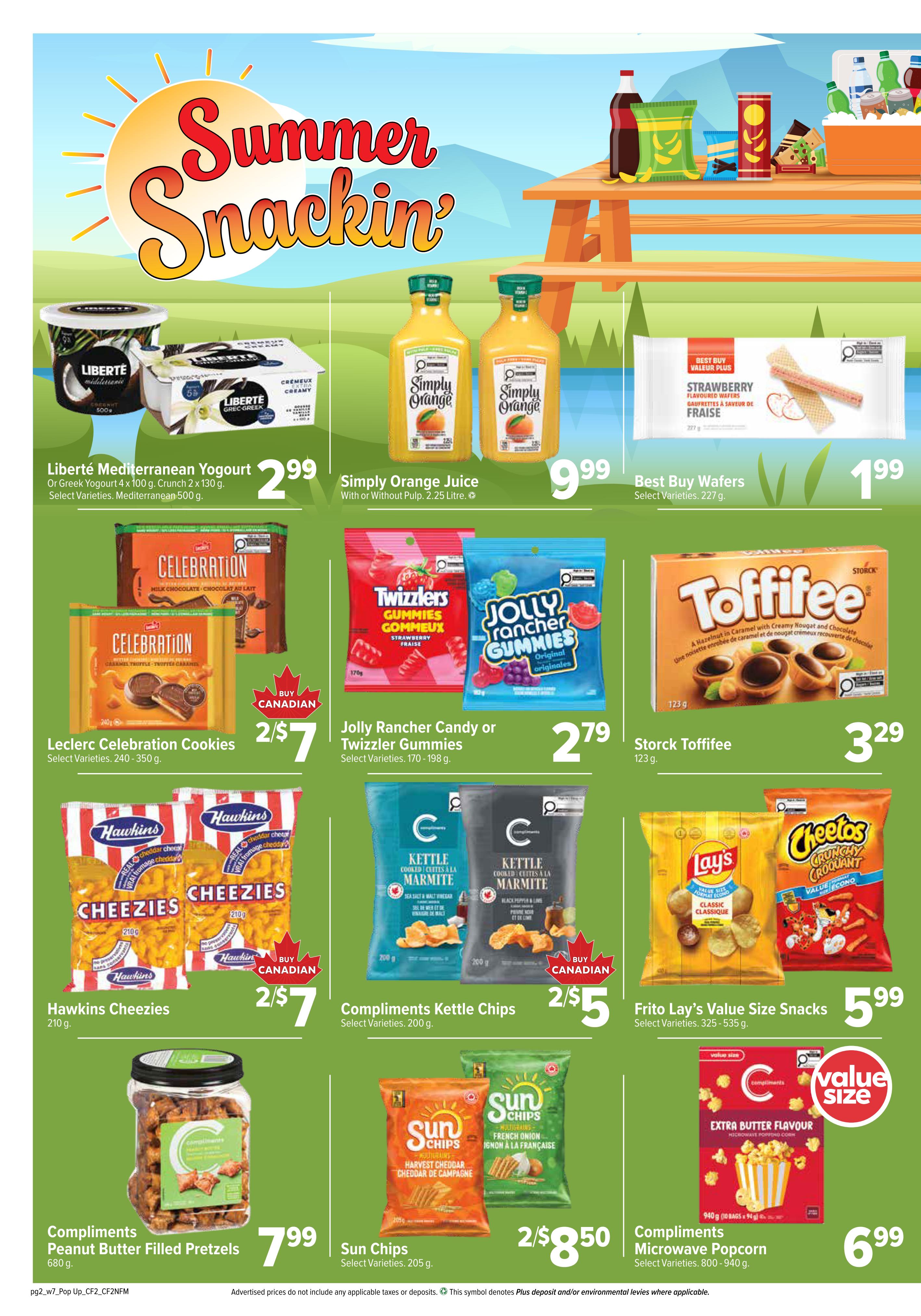 Bidgood's weekly flyer specials page 6 features 'Summer Snacking' deals. Highlights include Liberté Mediterranean Yogurt for $2.99, Simply Orange Juice for $9.99, and Best Buy Wafers for $1.99. Leclerc Celebration Cookies are 2 for $7, and Jolly Rancher Candy or Twizzler Gummies are $2.79. Storck Toffifee is $3.29. Hawkins Cheezies are 2 for $7, Compliments Kettle Chips are 2 for $5, and Frito Lay's Value Size Snacks are $5.99. Also featured are Compliments Peanut Butter Filled Pretzels for $7.99 and Sun Chips for 2 for $8.50. Compliments Microwave Popcorn is $6.99.