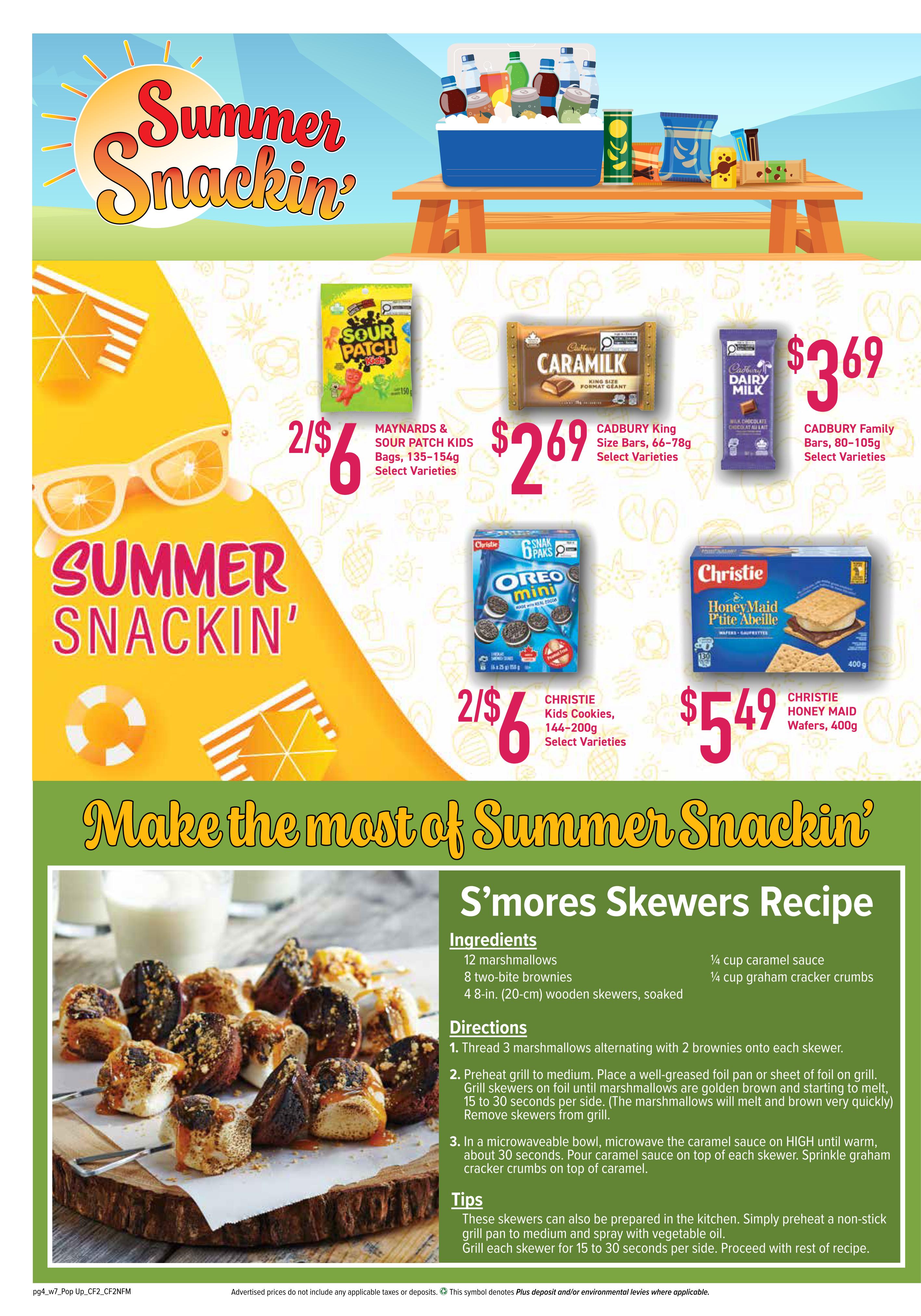 Bidgood's weekly flyer specials page 8 features 'Summer Snacking' deals. On sale are Maynards & Sour Patch Kids bags, 135-154g, select varieties, for 2 for $6. Cadbury Caramilk King Size Bars, 66-78g, select varieties, are $2.69. Cadbury Family Bars, 80-105g, select varieties, are $3.69. Christie Kids Oreo Mini Cookies, 144-200g, select varieties, are 2 for $6. Christie Honey Maid Wafers, 400g, are $5.49. The page also includes a S'mores Skewers Recipe with ingredients and directions for making the popular summer treat.
