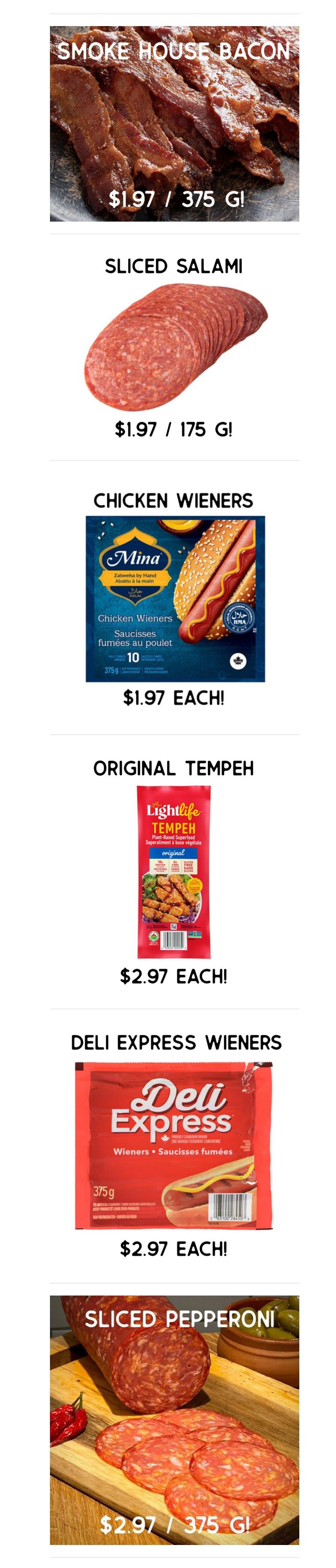 Gateway Meat Market weekly flyer specials page 2 features Smoke House Bacon for $1.97 per 375g, Sliced Salami for $1.97 per 175g, Mina Chicken Wieners for $1.97 each, Lightlife Original Tempeh for $2.97 each, Deli Express Wieners for $2.97 each, and Sliced Pepperoni for $2.97 per 375g.