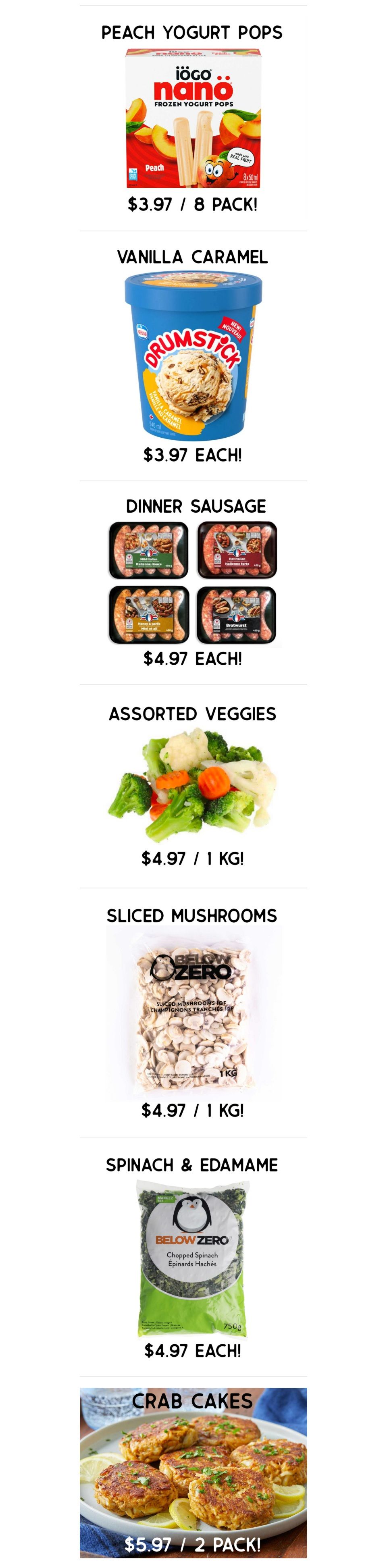 Gateway Meat Market weekly flyer specials page 5 includes Iöco nanö Peach Frozen Yogurt Pops, 8 pack for $3.97, Drumstick Vanilla Caramel ice cream for $3.97 each, Dinner Sausage (Mild Italian and Honey Garlic Bratwurst) for $4.97 each, Assorted Veggies for $4.97 per kg, Sliced Mushrooms for $4.97 per kg, Spinach & Edamame for $4.97 each, and Crab Cakes for $5.97 per 2 pack.