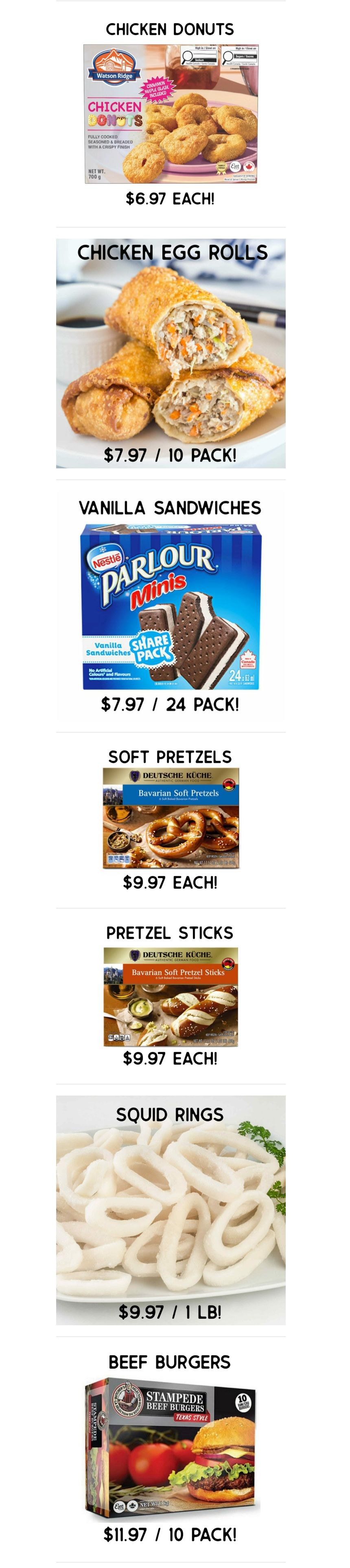 Gateway Meat Market weekly flyer specials page 7 features Watson Ridge Chicken Donuts for $6.97 each, Chicken Egg Rolls 10 pack for $7.97, Nestle Parlour Minis Vanilla Sandwiches 24 pack for $7.97, Bavarian Soft Pretzels for $9.97 each, Bavarian Soft Pretzel Sticks for $9.97 each, Squid Rings for $9.97 per lb, and Stampede Beef Burgers Texas Style 10 pack for $11.97.