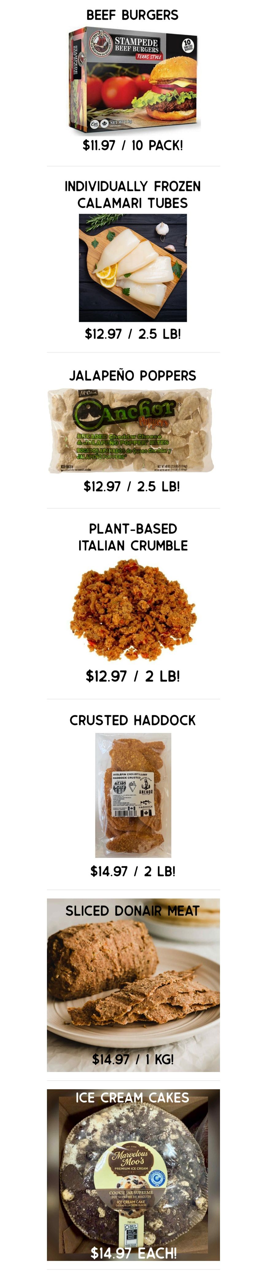 Gateway Meat Market weekly flyer specials page 8 features Stampede Beef Burgers, Texas Style, 10 pack for $11.97. Also available are Individually Frozen Calamari Tubes for $12.97 per 2.5 lb, Jalapeño Poppers for $12.97 per 2.5 lb, Plant-Based Italian Crumble for $12.97 per 2 lb, Crusted Haddock for $14.97 per 2 lb, Sliced Donair Meat for $14.97 per 1 kg, and Marvelous Molly's Premium Ice Cream Cakes for $14.97 each.