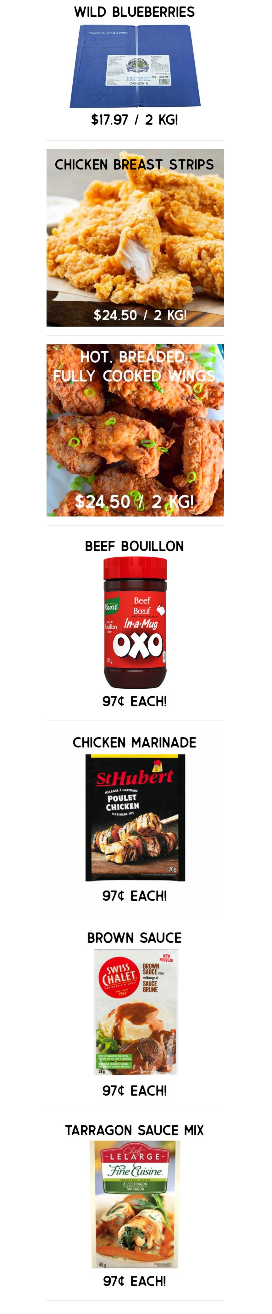 Gateway Meat Market weekly flyer specials page 9 features Wild Blueberries for $17.97 per 2 kg. Also available are Chicken Breast Strips for $24.50 per 2 kg, and Hot, Breaded, Fully Cooked Wings for $24.50 per 2 kg. Other items include OXO Beef Bouillon In-a-Mug for 97¢ each, St Hubert Chicken Marinade Mix for 97¢ each, Swiss Chalet Brown Sauce Mix for 97¢ each, and Chef Lelarge Fine Cuisine Tarragon Sauce Mix for 97¢ each.