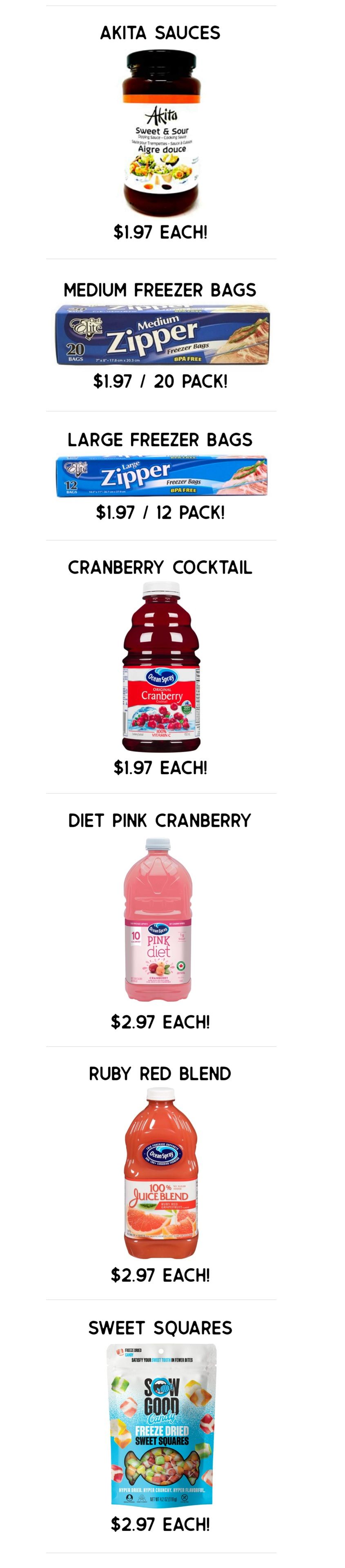 Gateway Meat Market weekly flyer specials page 11 features Akita Sauces for $1.97 each, Medium Zipper Freezer Bags (20 pack) for $1.97, and Large Zipper Freezer Bags (12 pack) for $1.97. Also available are Ocean Spray Cranberry Cocktail for $1.97 each, Diet Pink Cranberry for $2.97 each, Ruby Red Blend juice for $2.97 each, and Sour Squares Freeze Dried Sweet Squares for $2.97 each.