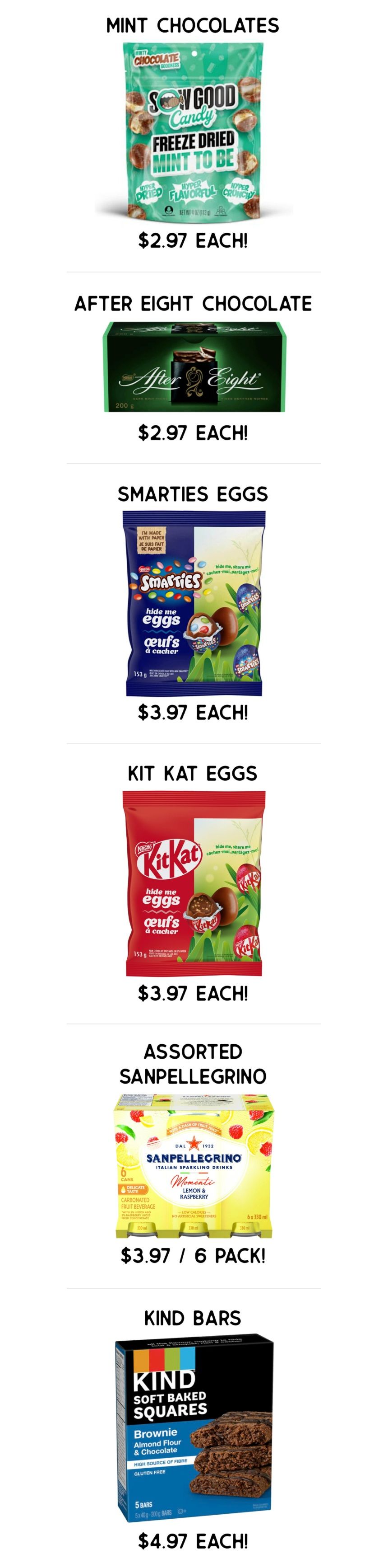 Gateway Meat Market weekly flyer specials page 12 features a selection of chocolate and beverage products. Offers include SO GOOD Candy Freeze Dried Mint Chocolates for $2.97 each, After Eight Chocolate for $2.97 each, Smarties Eggs for $3.97 each, and Kit Kat Eggs for $3.97 each. Also available are San Pellegrino Italian Sparkling Drinks in Lemon & Raspberry flavour, 6 cans for $3.97, and Kind Soft Baked Squares in Brownie Almond Flour & Chocolate flavour, 5 bars for $4.97 each.